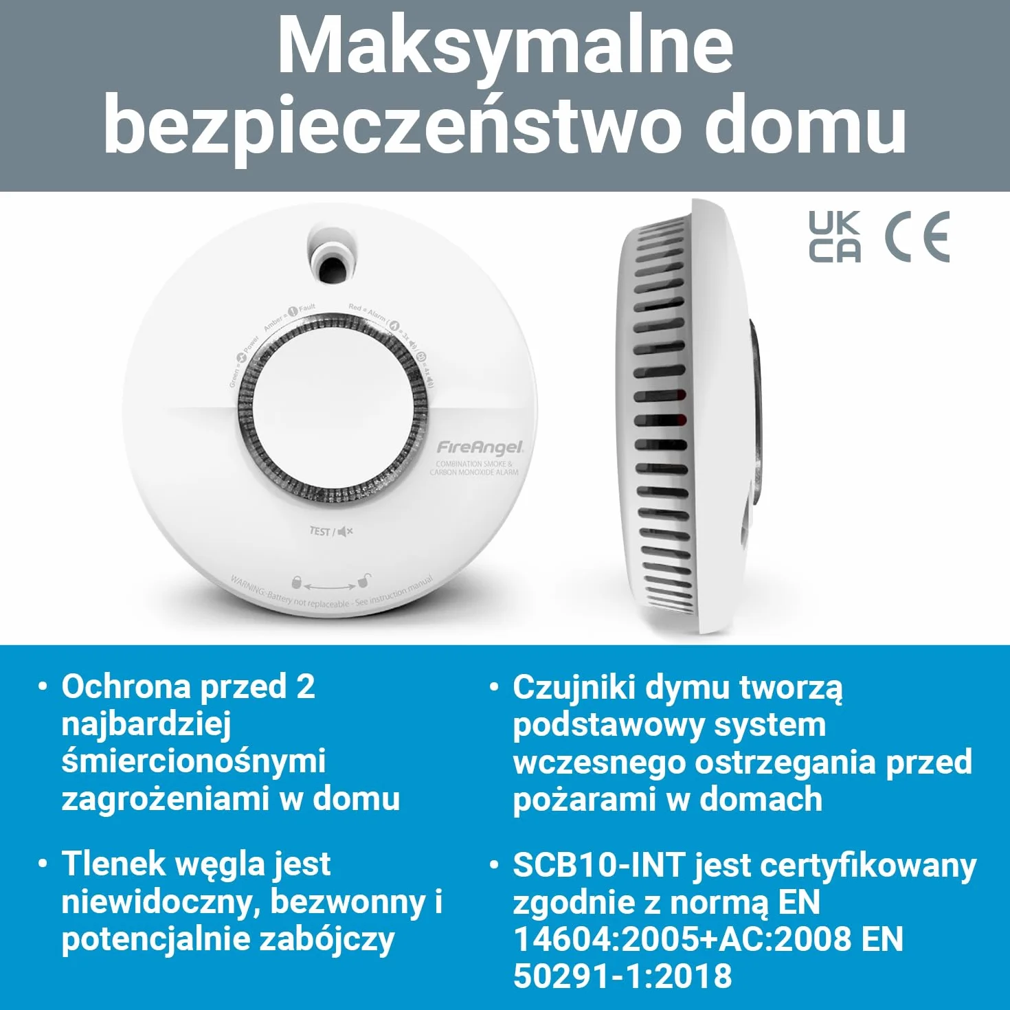 Fire Angel SCB10-INT Czujnik Czadu i Zadymienia Domu – Podwójny Czujnik Dymu i Czadu na Połączone Detektor Dymu i Detektor Tlenku Węgla – Biały