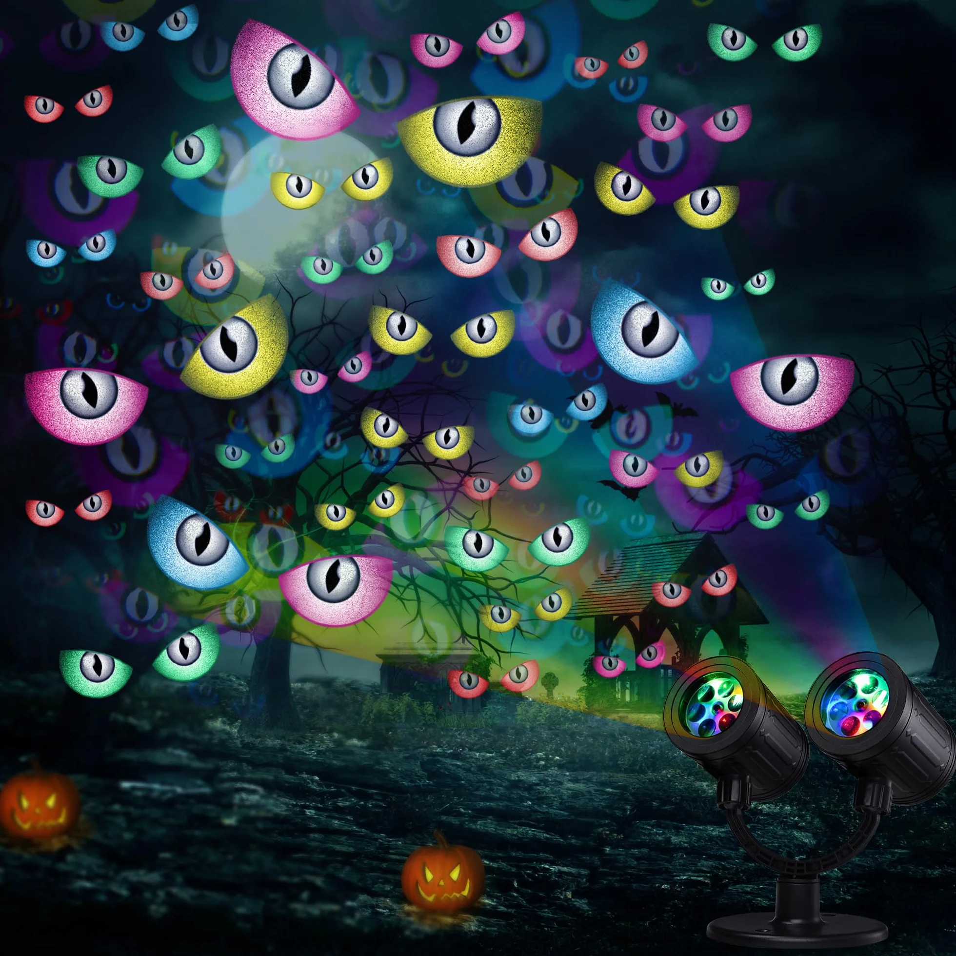 iShabao Dekoracja na Halloween, do użytku na zewnątrz, podwójna głowica, dynamiczny projektor Halloween z timerem, wodoszczelna lampa projekcyjna LED z oczami duchów, do ogrodu, na okno, ścianę
