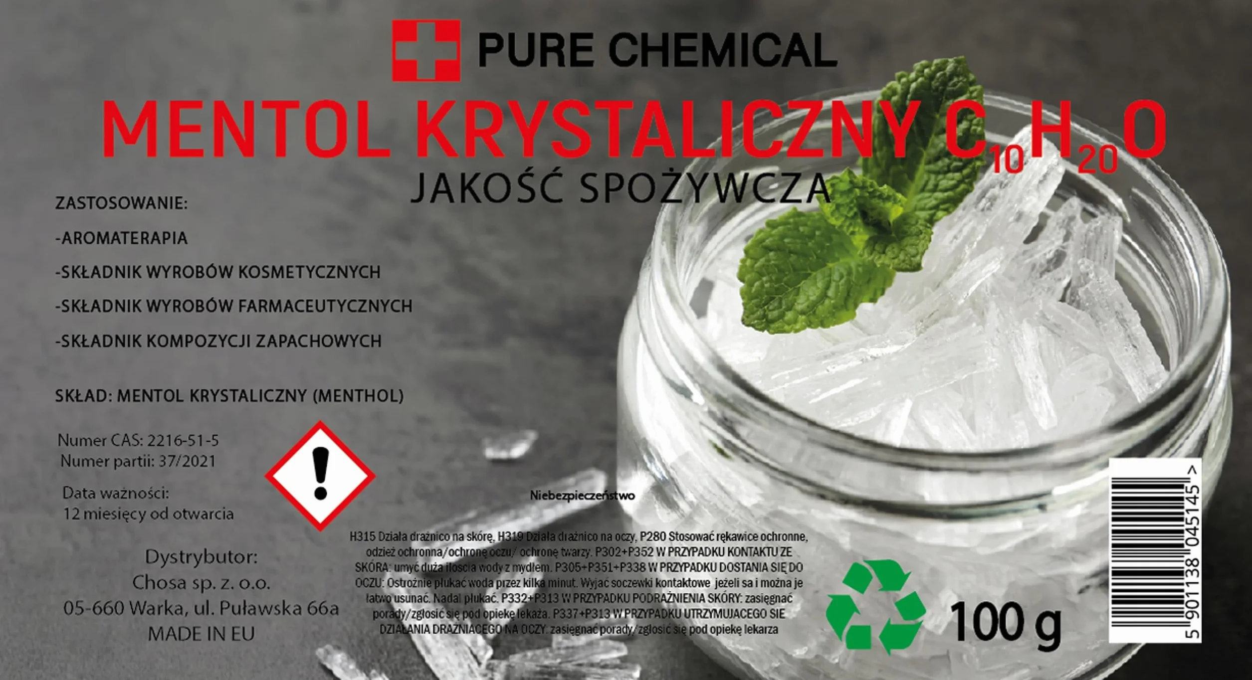 PURE CHEMICAL - Kryształki mentolu 100 g - Naturalne kryształki mentolu - Dodatek do sauny - Kryształki do sauny - Uwalnia drogi oddechowe - Zapewnia intensywny zapach - Akcesoria do sauny (100g)