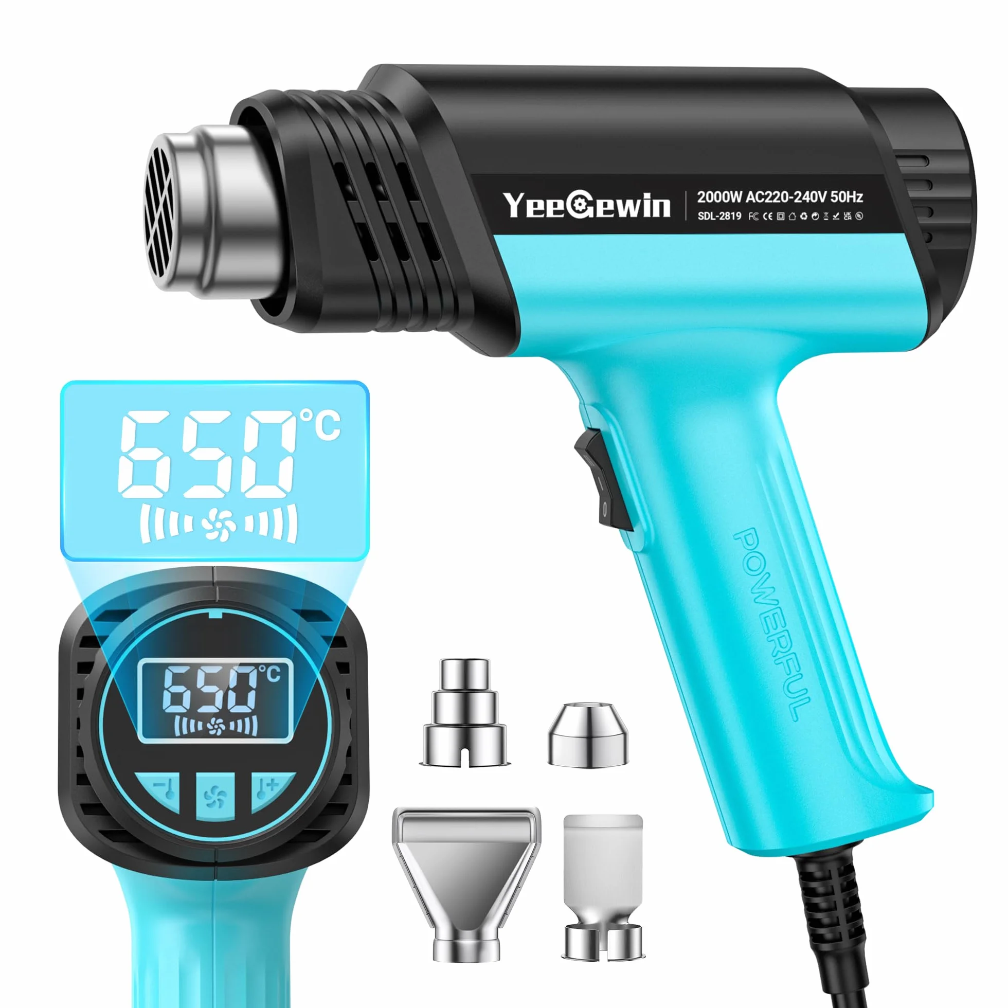 Pistolet na gorące powietrze 2000 W, regulacja temperatury 50-650℃ z wyświetlaczem LCD, zabezpieczenie przed przegrzaniem, pamięć włączenia, suszarka do usuwania farby, odkształcenia folii
