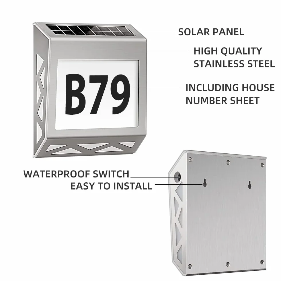 Solarny podświetlany numer domu 8 LED Solarny numer domu z przełącznikiem zmierzchowym Stal nierdzewna IP54 Wodoodporny Outdoor z cyframi 0-9 i literami A-E (Srebro)