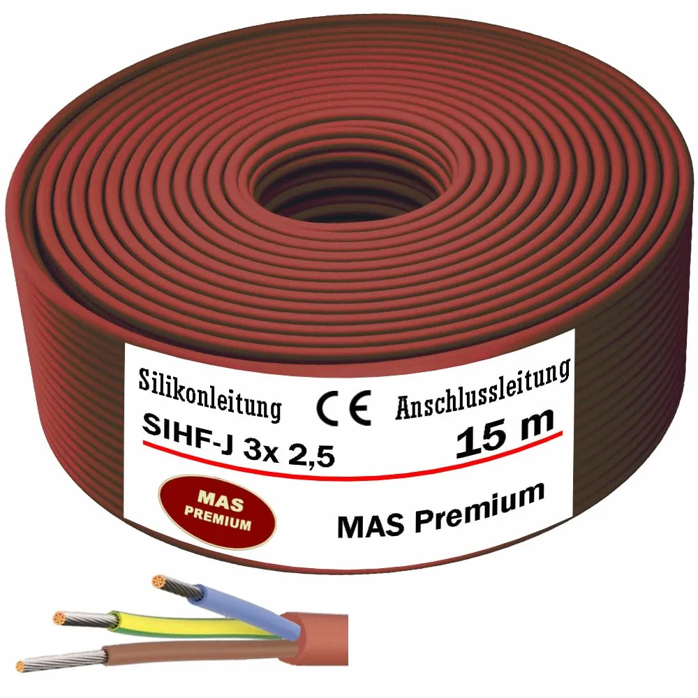 MAS Premium SIHF-J 3 x 0,75 1 1,5 2,5 4 6 kabel silikonowy, 5-250 m, przewód przyłączeniowy, elastyczny do urządzeń o wysokiej temperaturze (SIHF-J 3 x 2,5, 15 m)