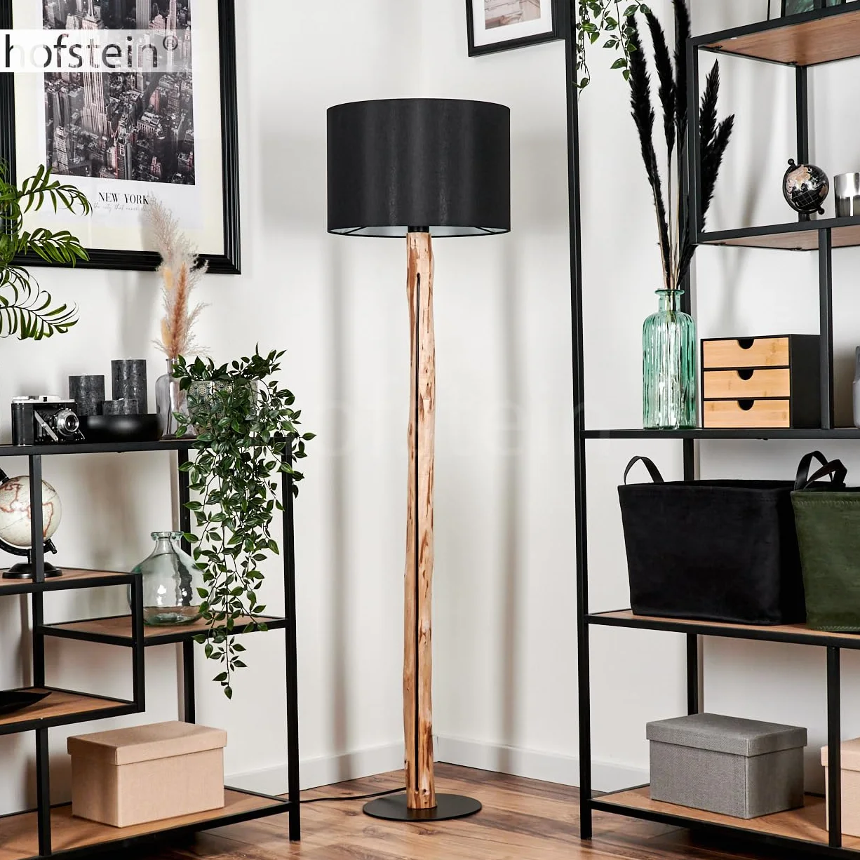 Lampa stojąca Saladillo, nowoczesna lampa stojąca z drewna/metalu/materiału w kolorze naturalnym/czarnym/białym, lampa w skandynawskim stylu z okrągłym kloszem (Ø 38 cm) i przełącznikiem nożnym,
