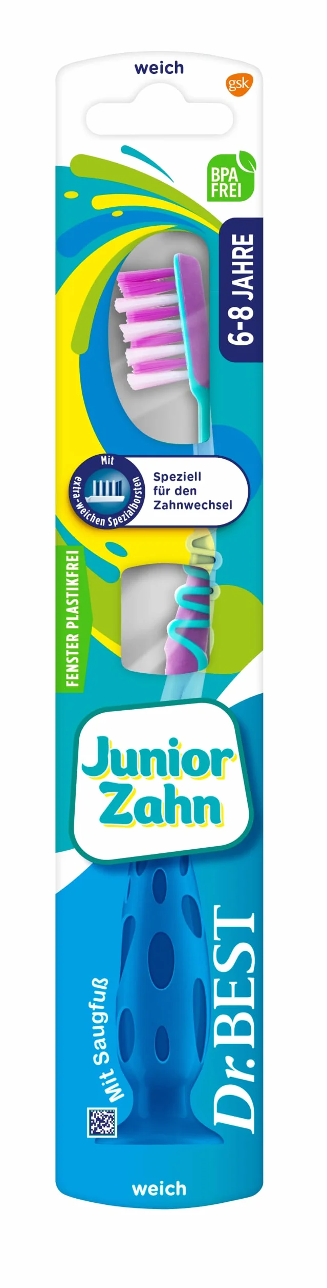 Dr.BEST Szczoteczka do zębów Junior, miękka, 1 sztuka, dla dzieci powyżej 6 lat, dla dzieci z wiggly zębami, różne kolory