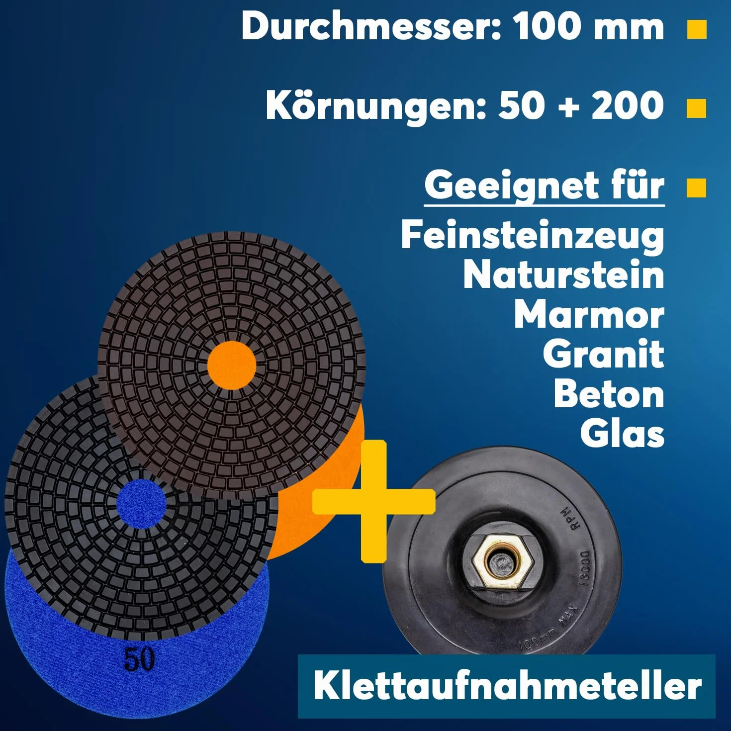 EDW Profesjonalny zestaw diamentowych podkładek szlifierskich NASS, 100 mm, ziarnistość 50 + 200, talerz mocujący na rzep M14, do granitu, kamienia naturalnego, marmuru, szkła