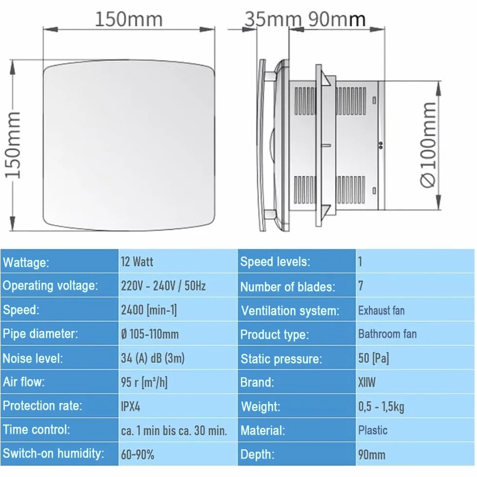 XIIW Cichy Wentylator Łazienkowy 100mm z Wyłącznikiem Czasowym | 12W 95m³/h 34dB IPX4, Klapka zwrotna, Montaż ścienny/sufitowy, Do łazienki, WC, kuchni, piwnicy - Srebrny