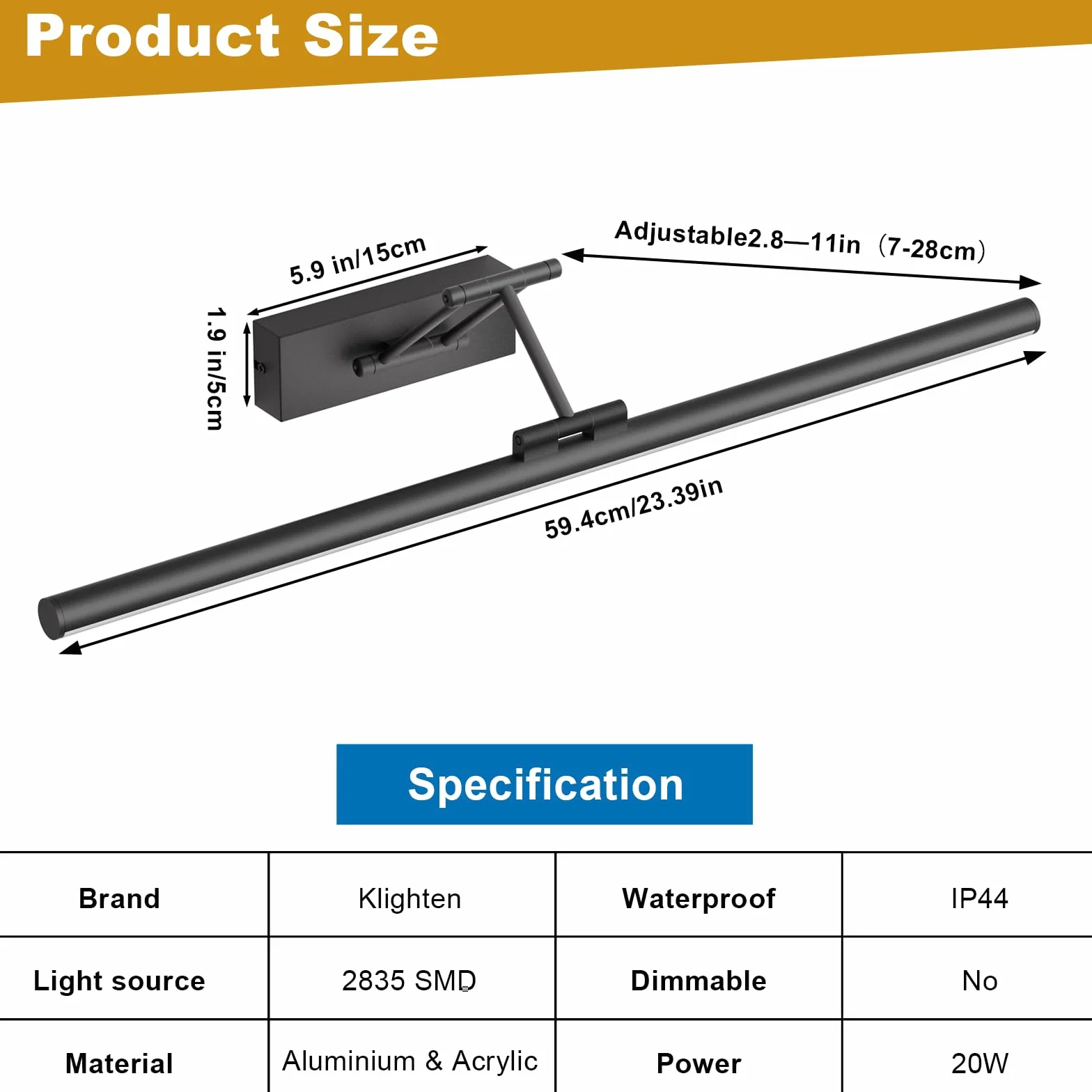 LED Klighten lustro światło łazienka 60cm, obrotowe światło do łazienki IP44, 20W 1500 LM, zimna biel 5500K