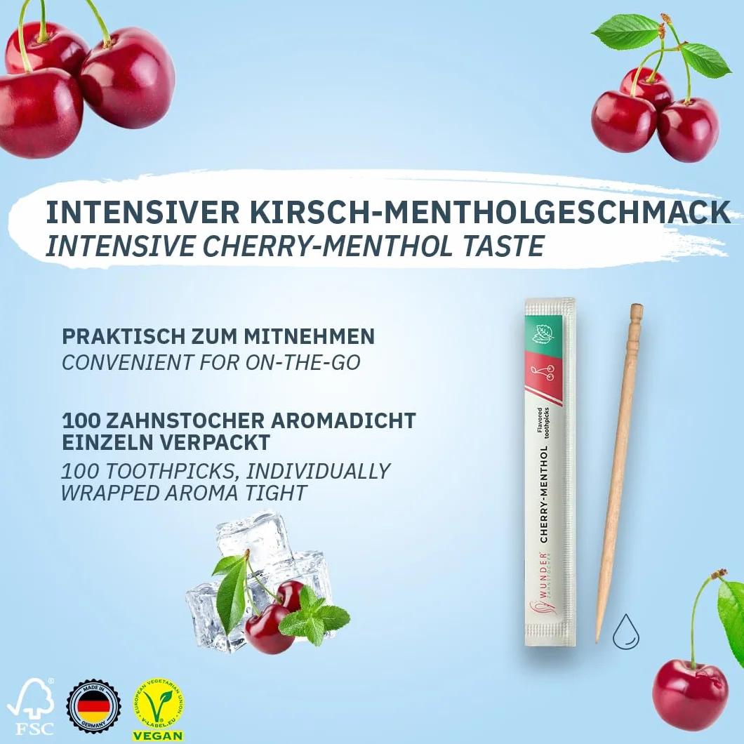 Wunder Wykałaczki o aromacie - 100x indywidualnie zapakowane wykałaczki - dostępne w 7 orzeźwiających smakach - delikatna higiena jamy ustnej - świeży oddech - indywidualnie zapakowane wykałaczki o aromacie (Wiśnia - Mentol)