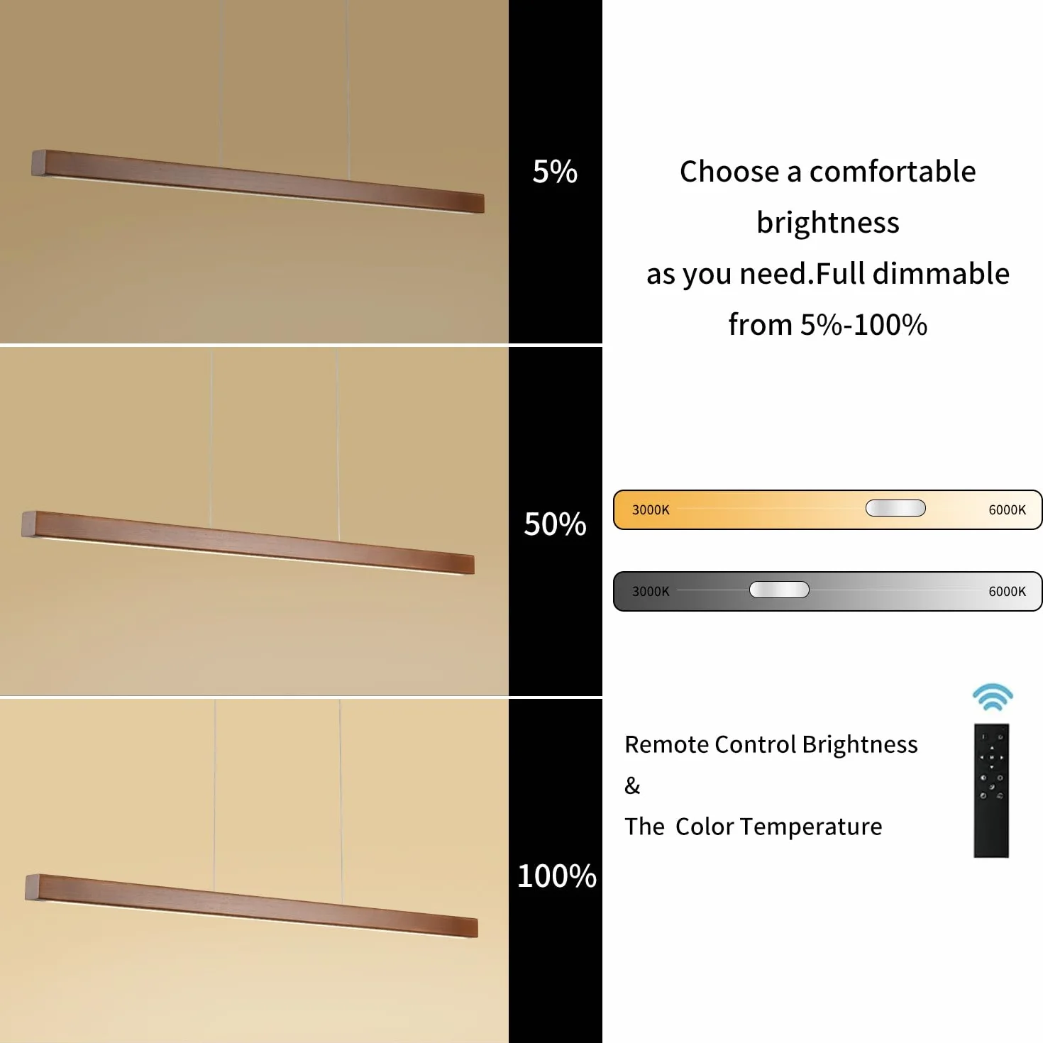 YISDESIGN 119 cm drewniane liniowe lampy wiszące nowoczesne LED 36 W ściemniane oświetlenie sufitowe wiszące światła drewniane liniowe żyrandole do kuchni wyspy jadalni stół bilardowy kolor orzecha