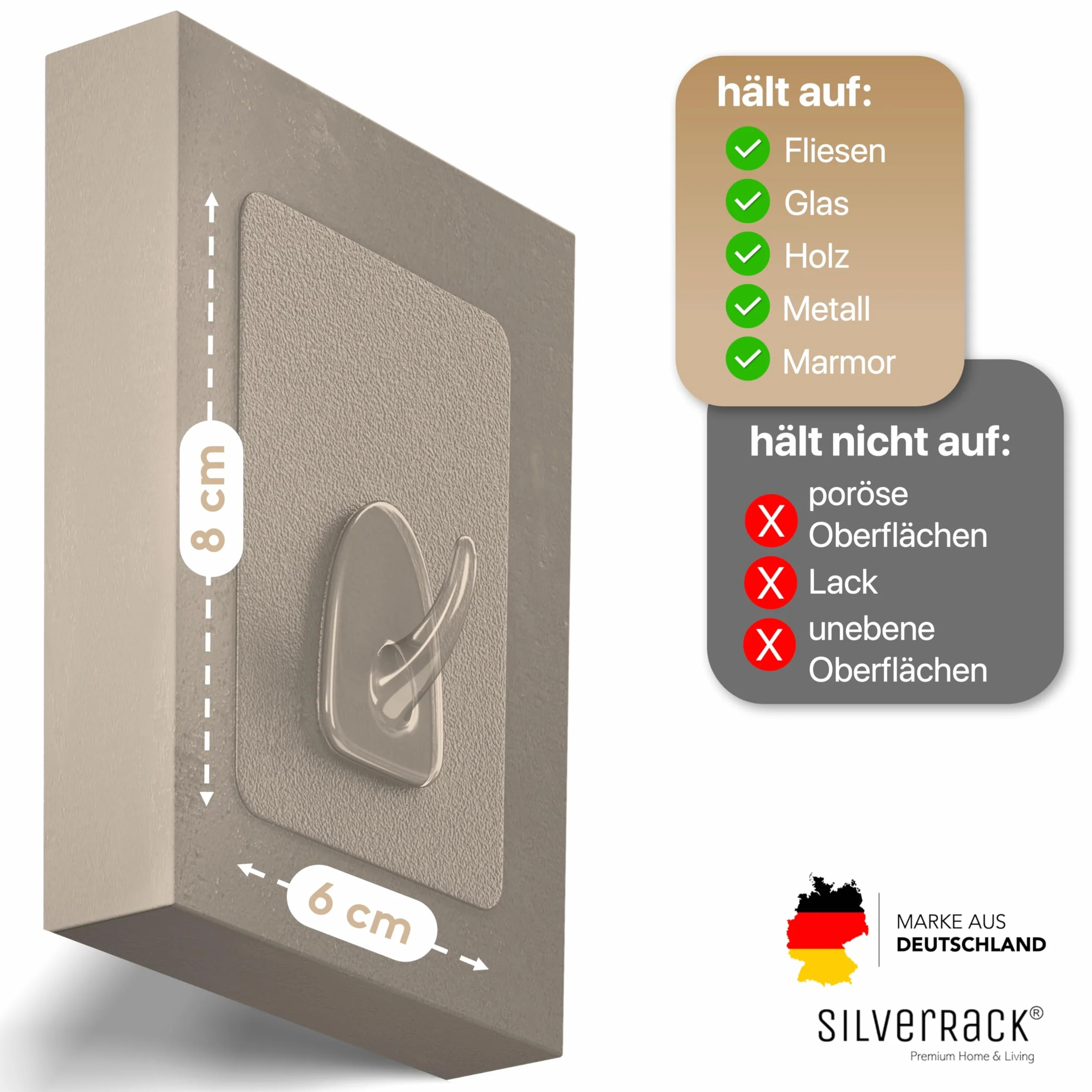 SilverRack haczyki samoprzylepne i wielokrotnego użytku - 8x6 cm jako zestaw 4 sztuk - przezroczyste haczyki samoprzylepne jako wieszaki ścienne do przyklejenia do 3kg - wieszaki na ręczniki bez
