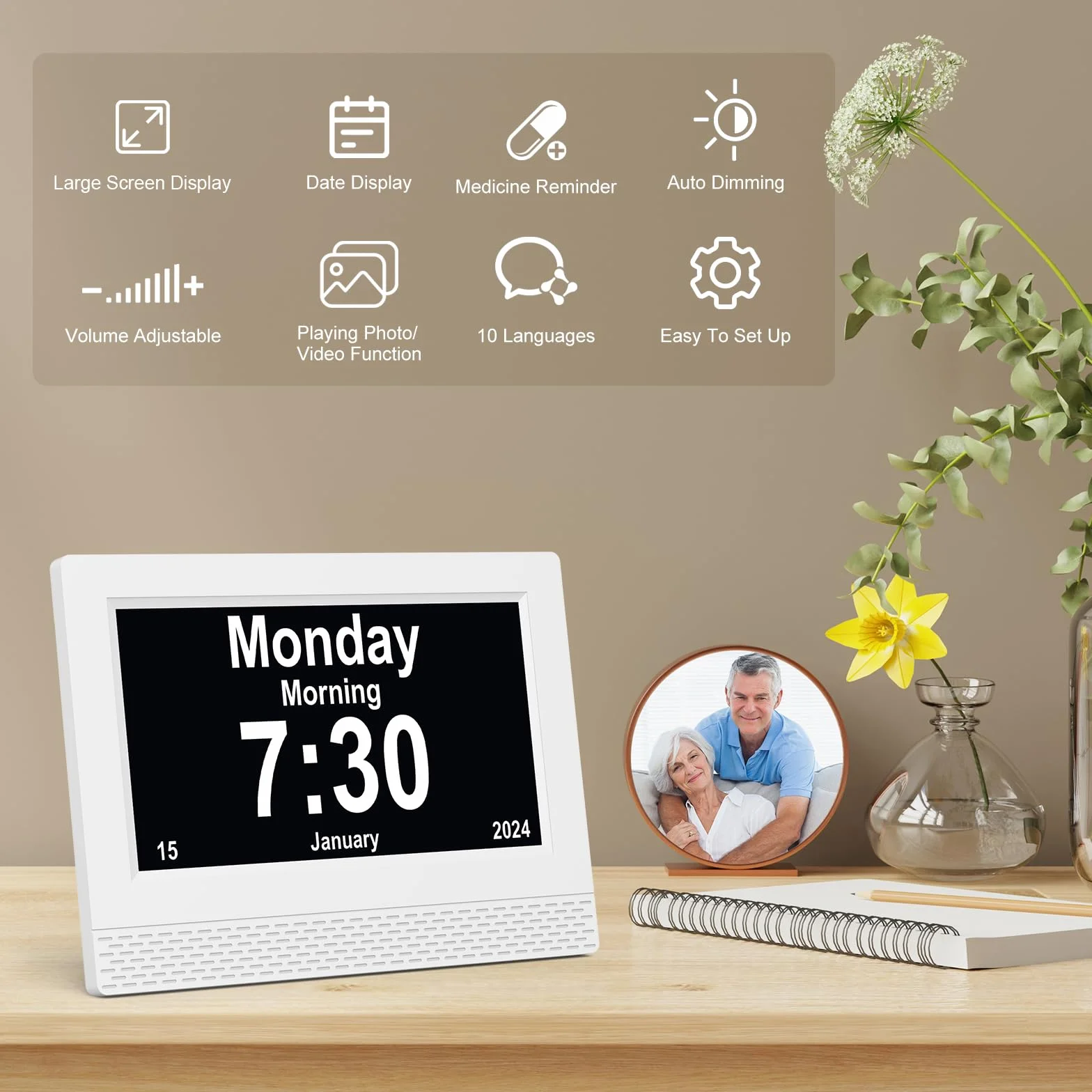 Budzik Cyfrowy Kalendarz Zegar, 7" LCD Automatyczne ściemnianie z czasem, datą, rokiem miesiącem dzień bez skrótu Pełny zegar dla osób starszych Utrata pamięci Alzheimer demencja - biały