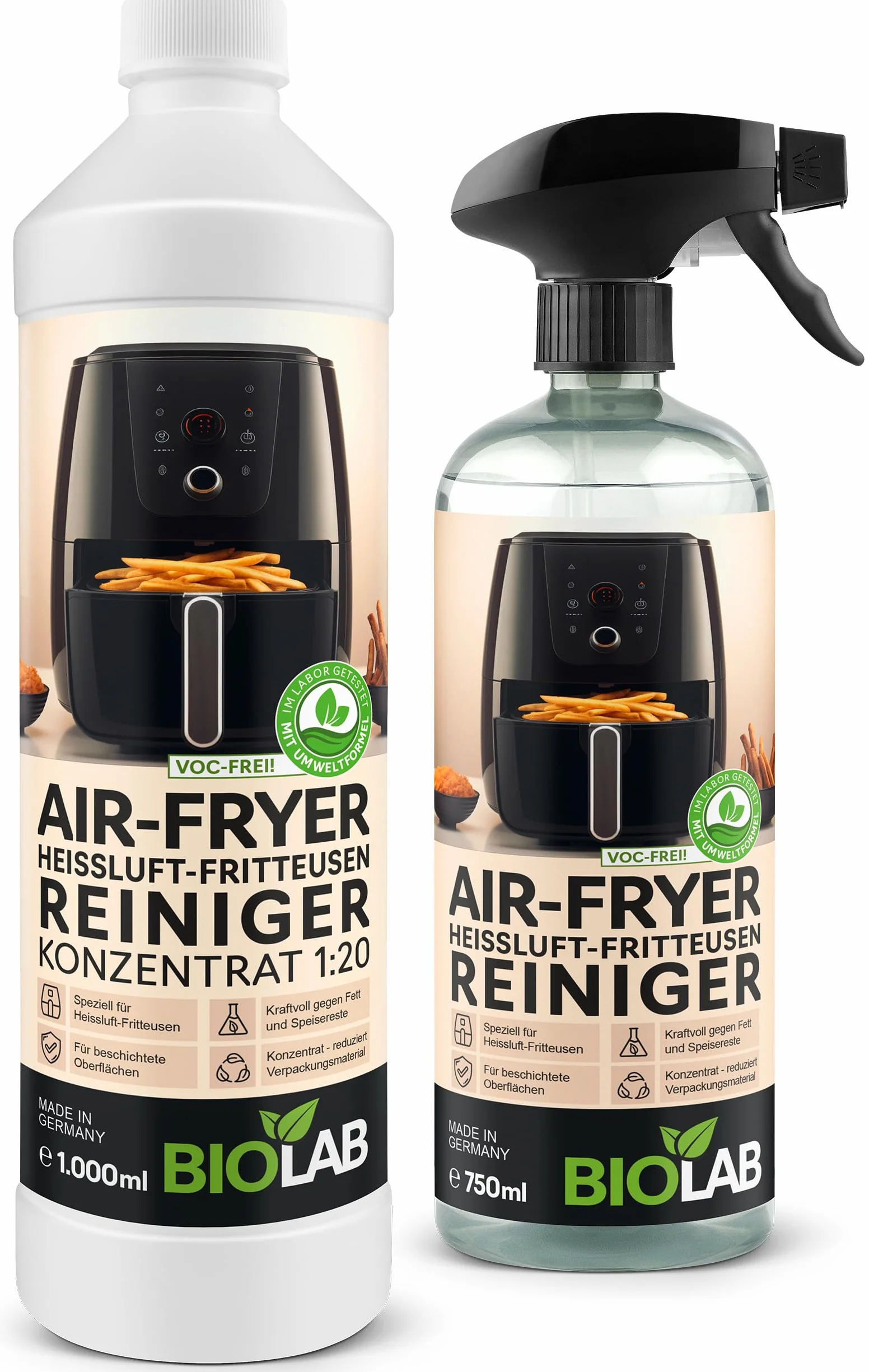 BIOLAB Airfryer środek czyszczący w sprayu (750 ml) i koncentrat do czyszczenia (1000 ml), mocny środek do usuwania tłuszczu do frytkownicy Air Fryer i frytkownicy na gorące powietrze – usuwa