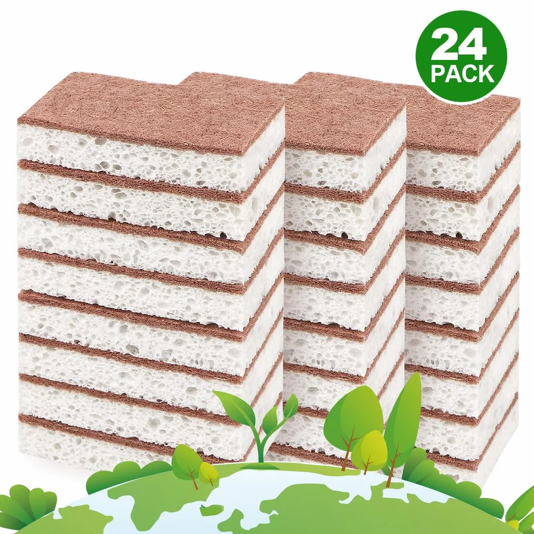 HOMEXCEL Naturalne gąbki do szorowania kuchenne 24 sztuki, niezarysowujące gąbki czyszczące do naczyń, gąbki celulozowe bezpieczne na nieprzywierających naczyniach, dwustronna gąbka do naczyń do mycia