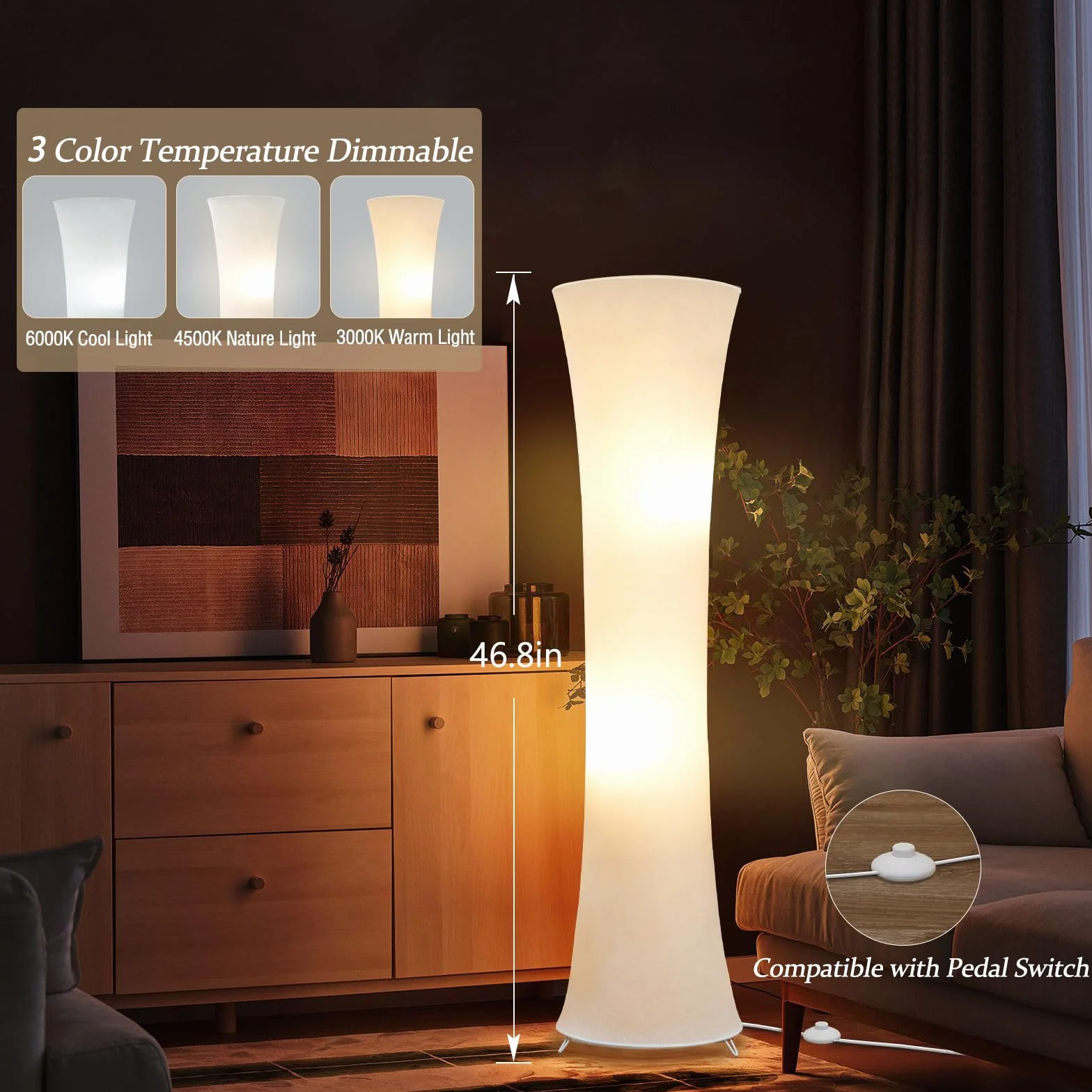 GyroVu Lampa stojąca LED, 46", 3-stopniowa temperatura barwowa LED, lampa stojąca kolumnowa do narożnika, do sypialni, biura i salonu – biały abażur z tkaniny, żarówki w zestawie