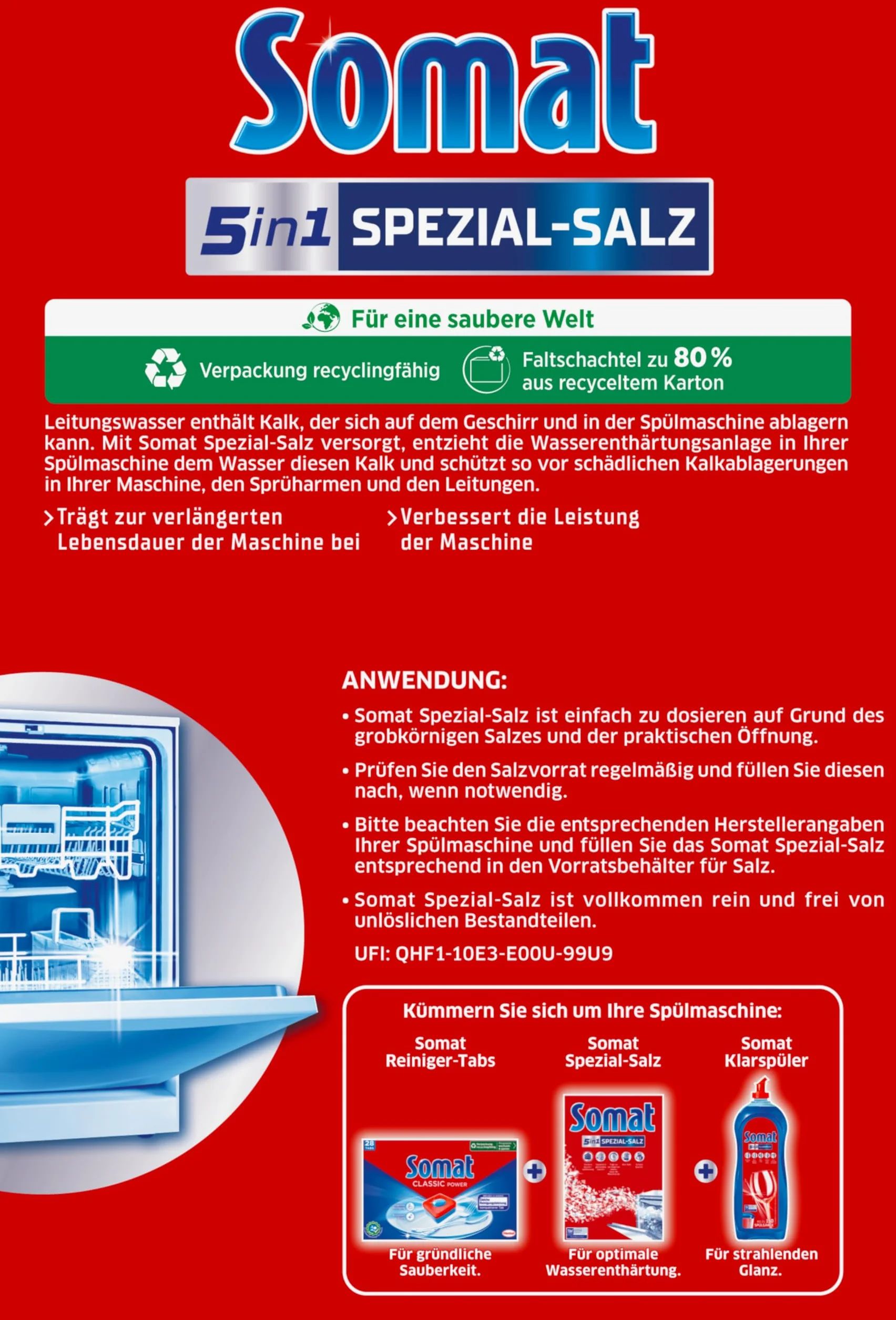 SOMAT Specjalna sól (1,2 kg), sól do mycia w zmywarce zapewnia większą wydajność zmywania naczyń, zmiękczacz wody do zmywarki działa przeciwko osadzaniu się kamienia dla uzyskania błyszczących