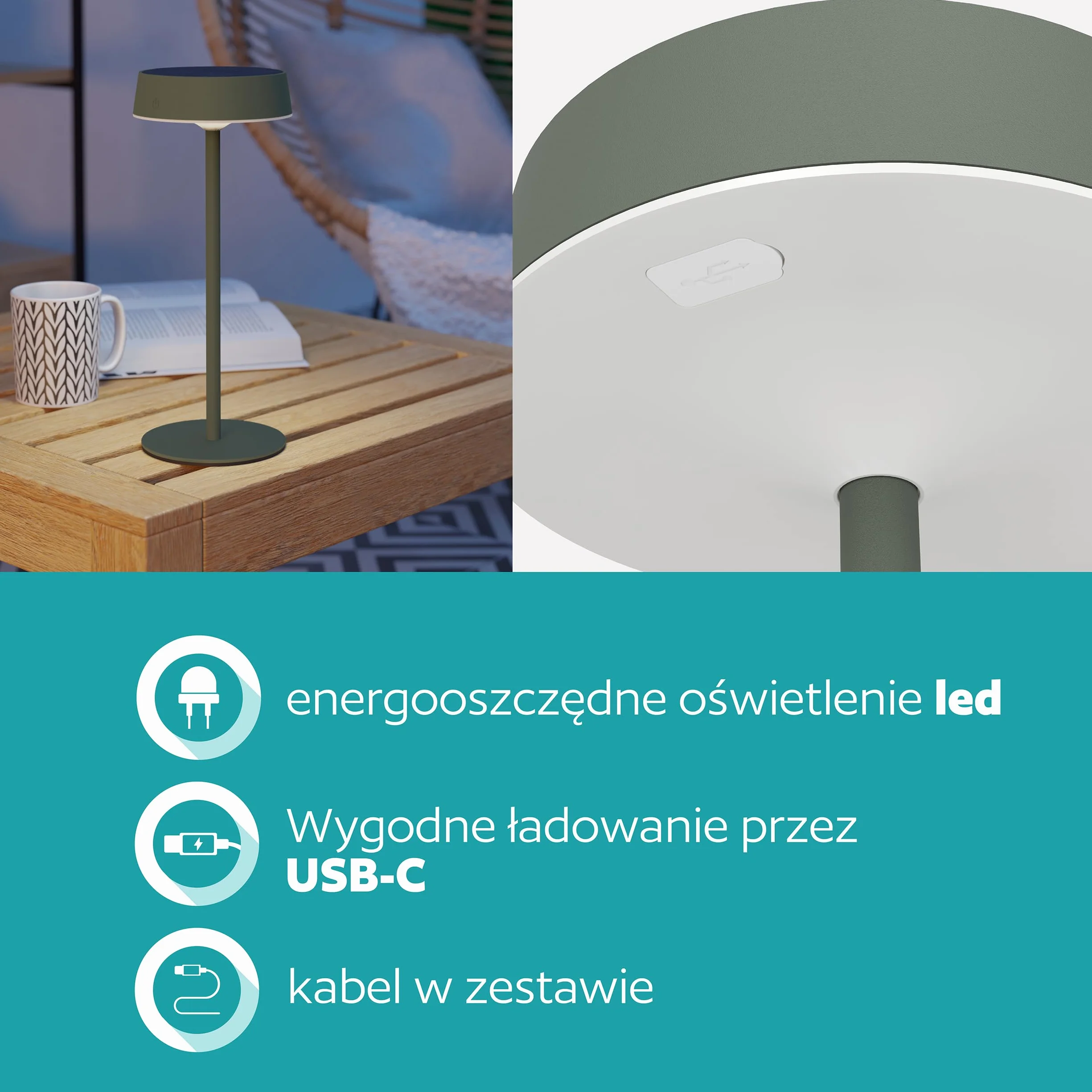 EGLO Simeri Solarna lampa stołowa LED na zewnątrz, bezprzewodowa lampa stołowa na baterie, dotykowa, ściemniana, z metalu w kolorze zielonym, ciepła biel, neutralna biel, zimna biel, IP54