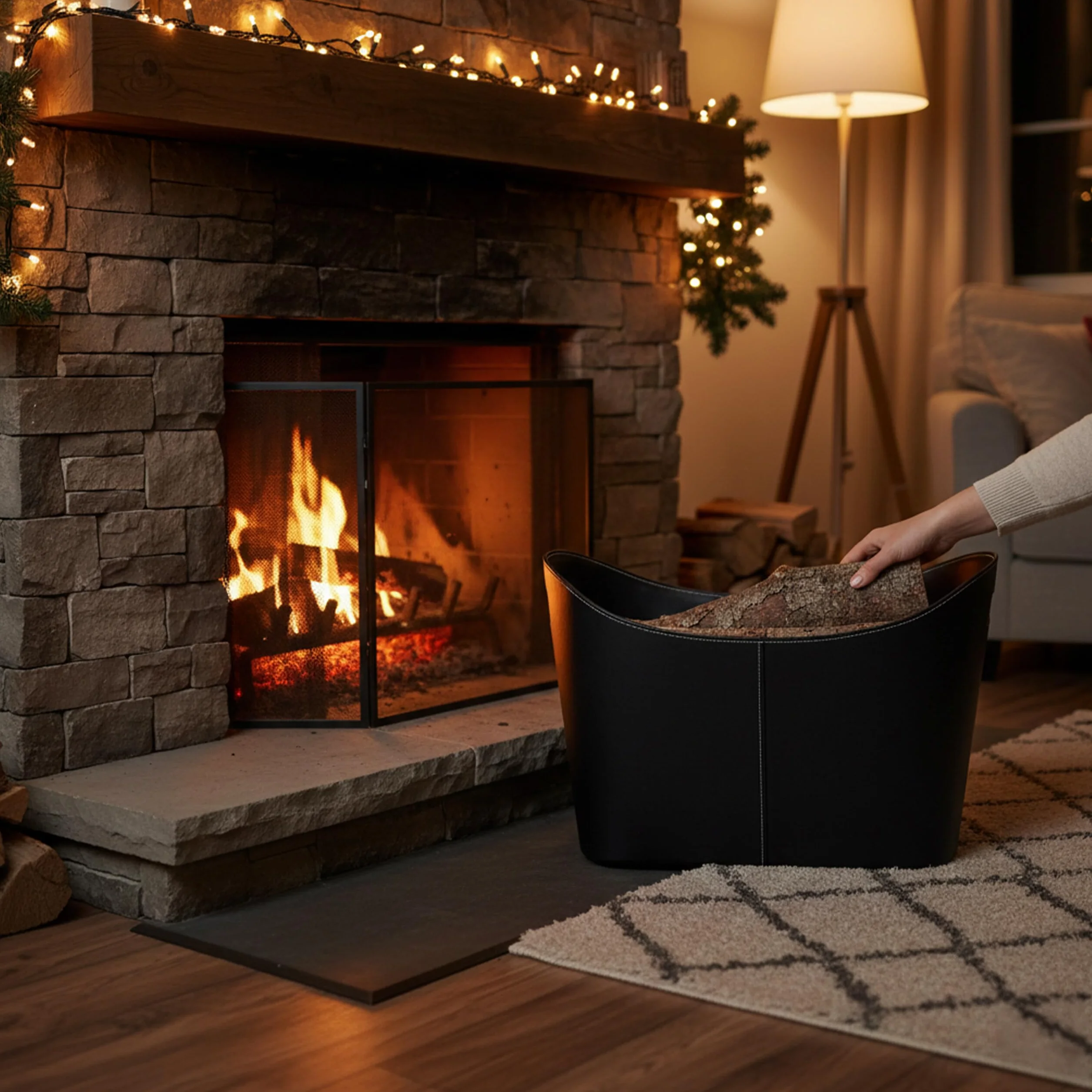 Relaxdays Kosz na Drewno Kominkowe, Sztuczna Skóra, Czarny, Rozmiar XL