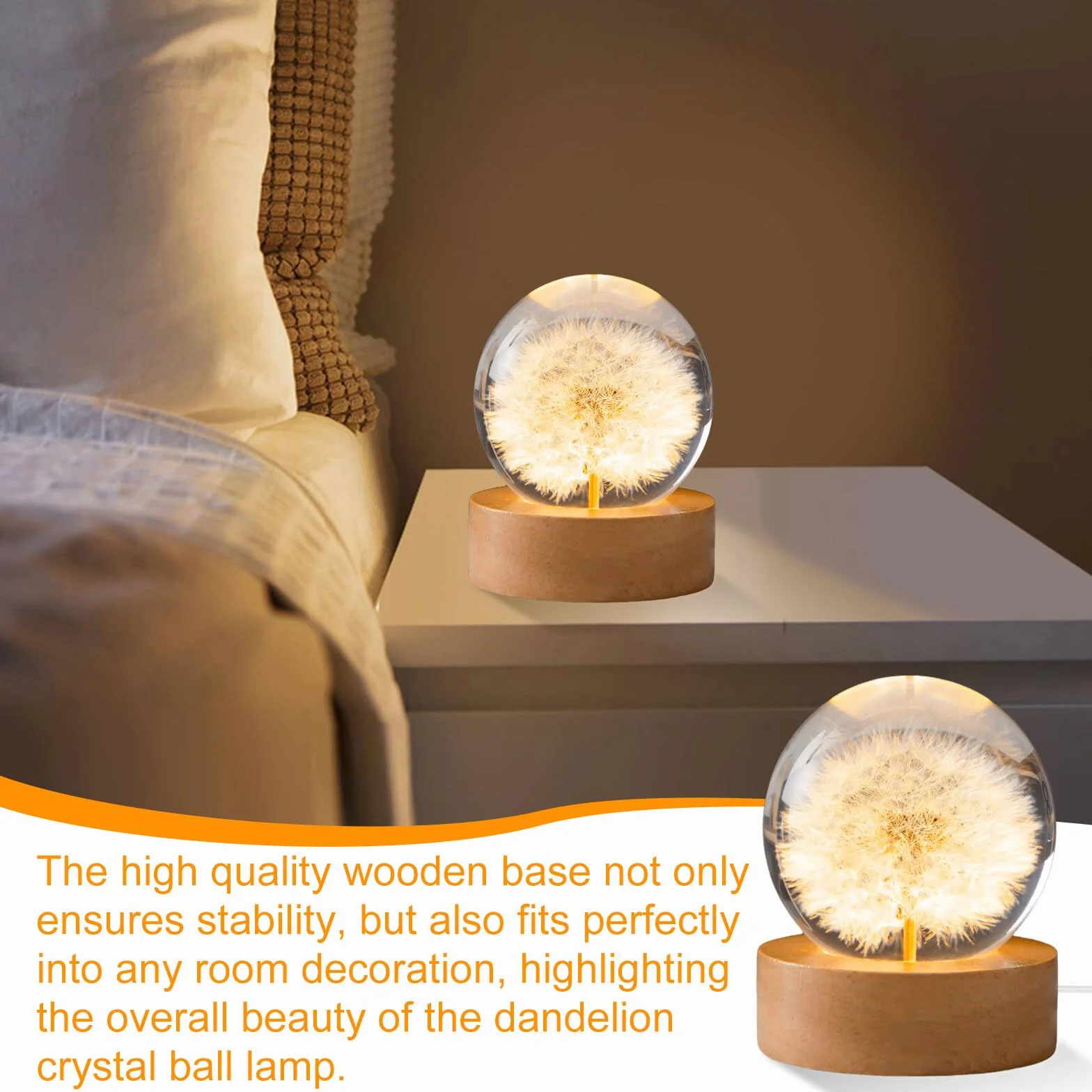 Kryształowa kula, lampka nocna, 6 cm, szklana lalka, lampka nocna, kwiatowa lampka nocna z drewnianą podstawą USB, idealny prezent