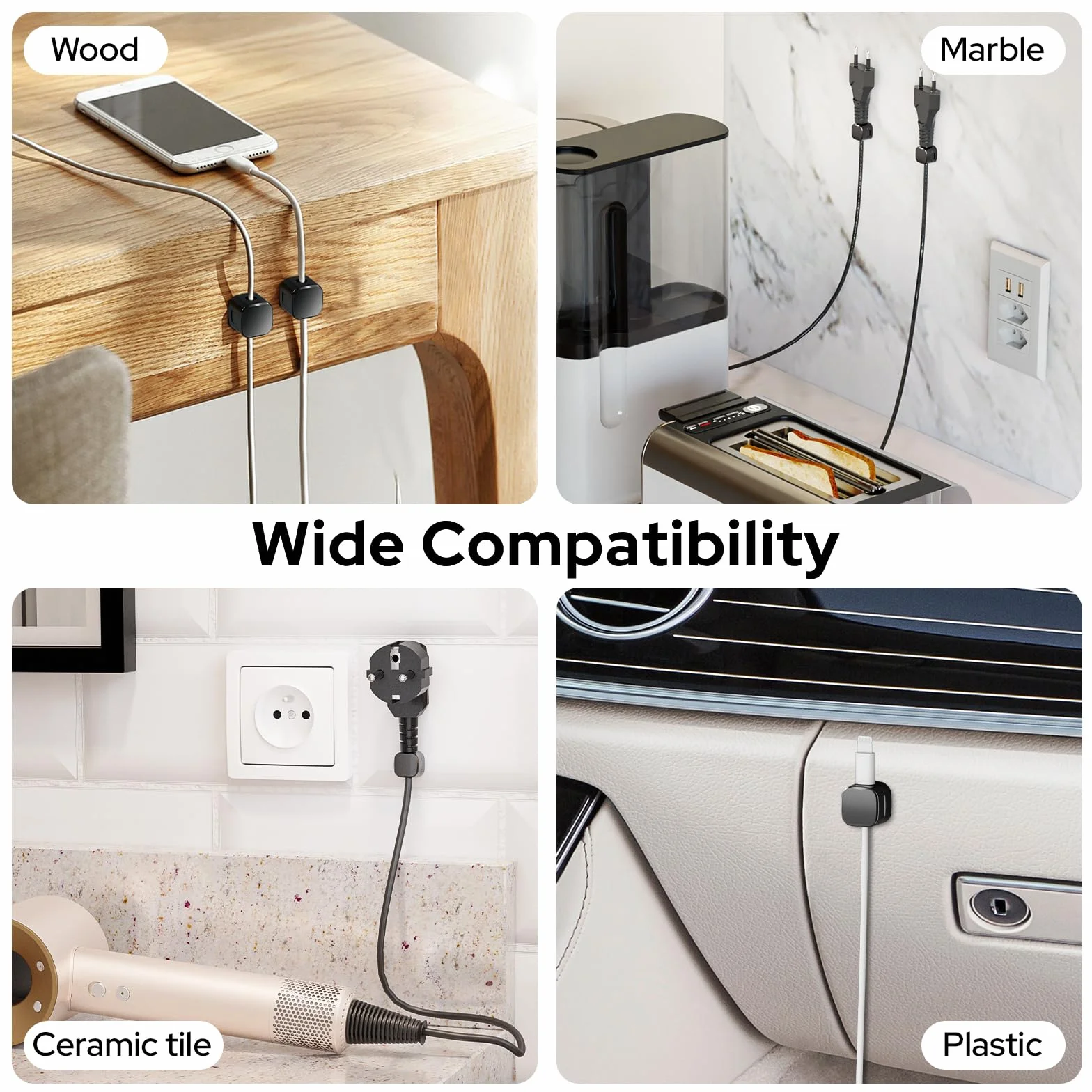 Euqvunn Cable Clips, 8 Pack Magnetyczne Uchwyty na Kable, Gładkie Regulowane Kable, Samoprzylepne Uchwyty na Kable Ładowarki, Uchwyt na Kable do Telefonu USB na Biurko, Stolik Nocny, Samochód(Czarny)
