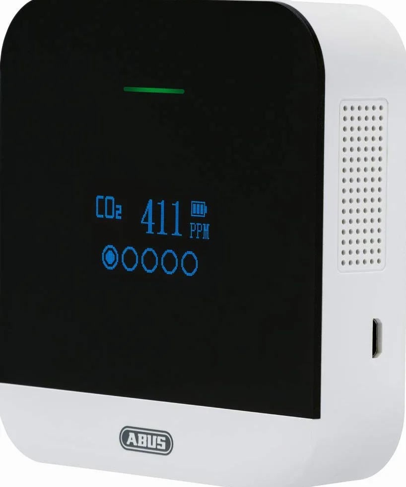 ABUS CO2WM110 AirSecure czujnik CO2 – miernik jakości powietrza, wilgotności powietrza i temperatury w pomieszczeniu – z alarmem i sygnalizacją CO2 – czujnik 10-letni