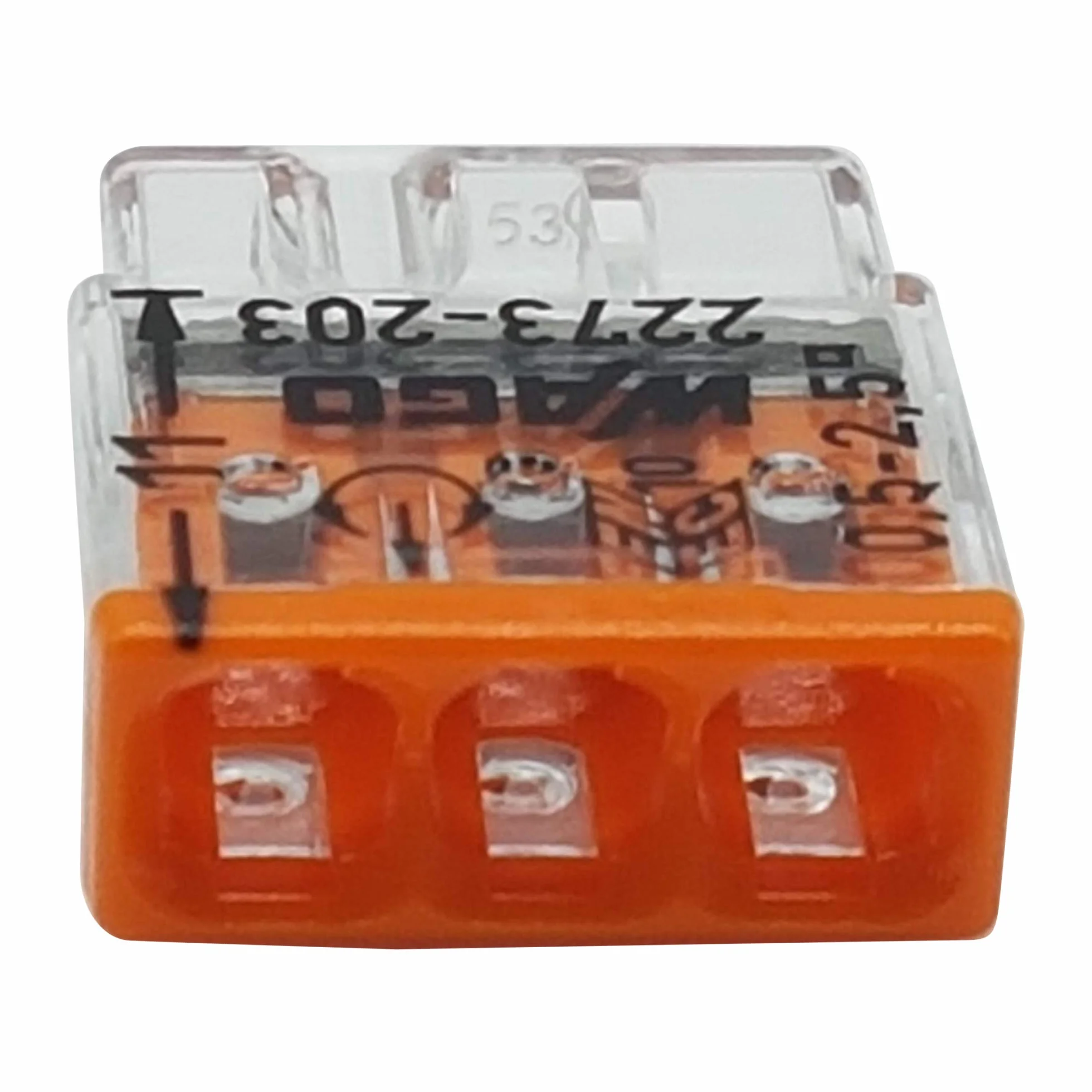 20 sztuk Wago 2273-203 COMPACT zaciski przyłączeniowe Ø 0,5-2,5 mm², 3-biegunowe, przezroczyste/pomarańczowe