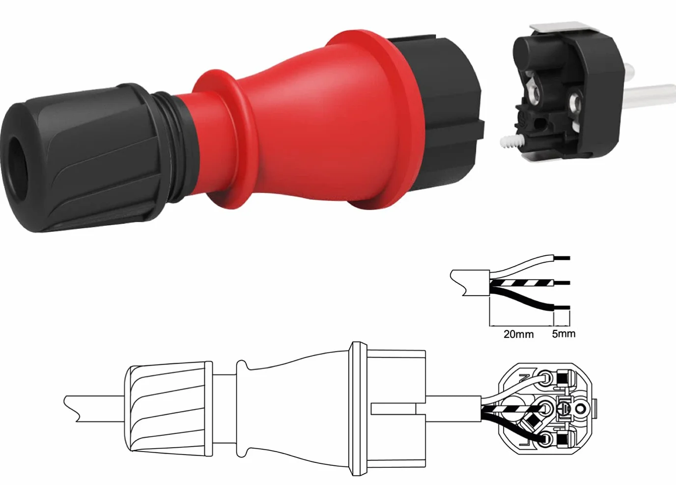 Electraline 92389 wtyczka profesjonalna, klasa ochrony IP54, z pierścieniem zabezpieczającym dla łatwego okablowania, 3 sztuki, czerwone, 3 sztuki