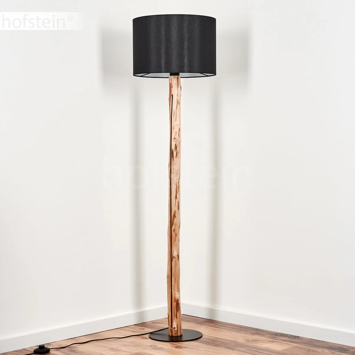 Lampa stojąca Saladillo, nowoczesna lampa stojąca z drewna/metalu/materiału w kolorze naturalnym/czarnym/białym, lampa w skandynawskim stylu z okrągłym kloszem (Ø 38 cm) i przełącznikiem nożnym,