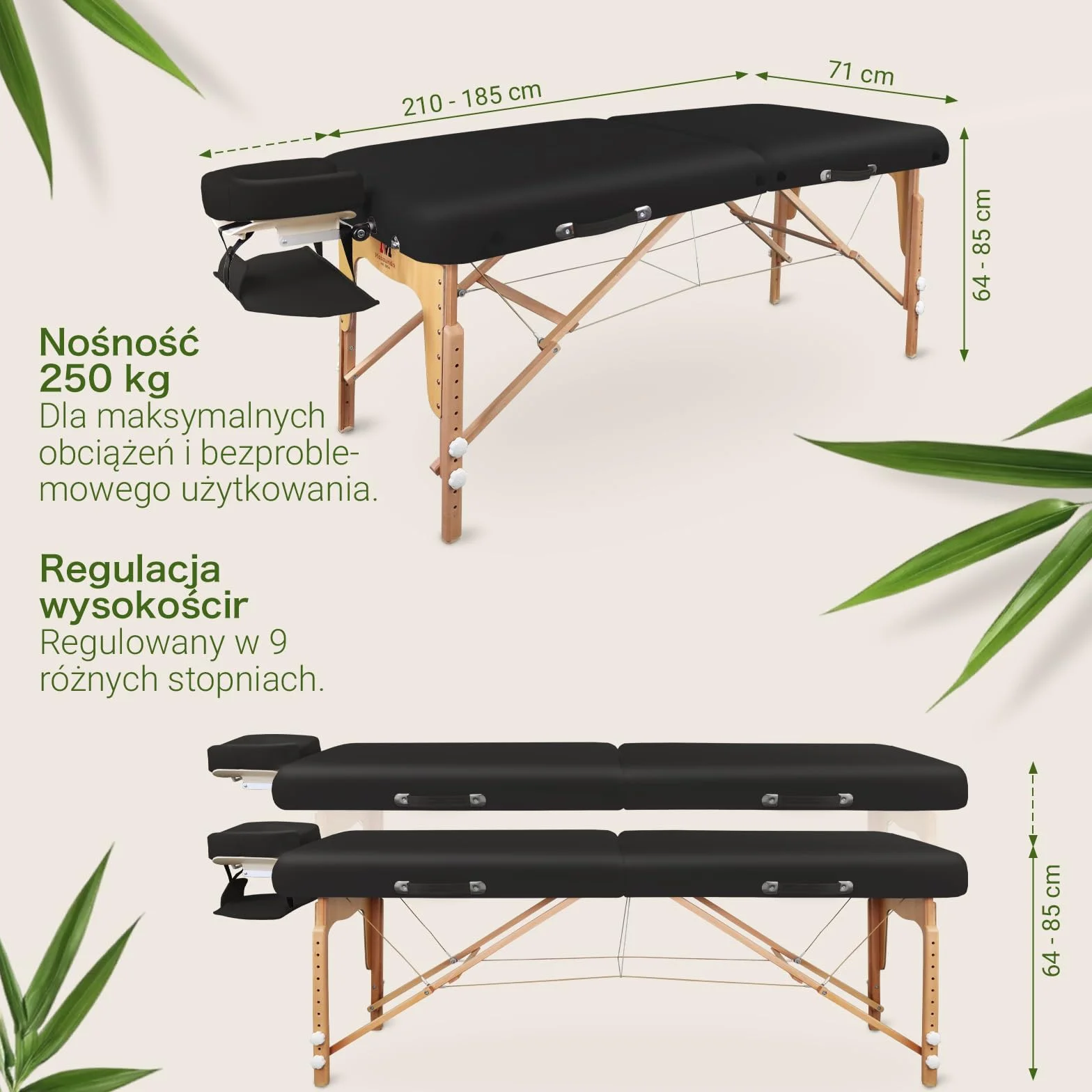 MASSUNDA Mobile Comfort Deluxe stół do masażu składany z regulacją wysokości szeroki lite drewno ergonomiczny zagłówek