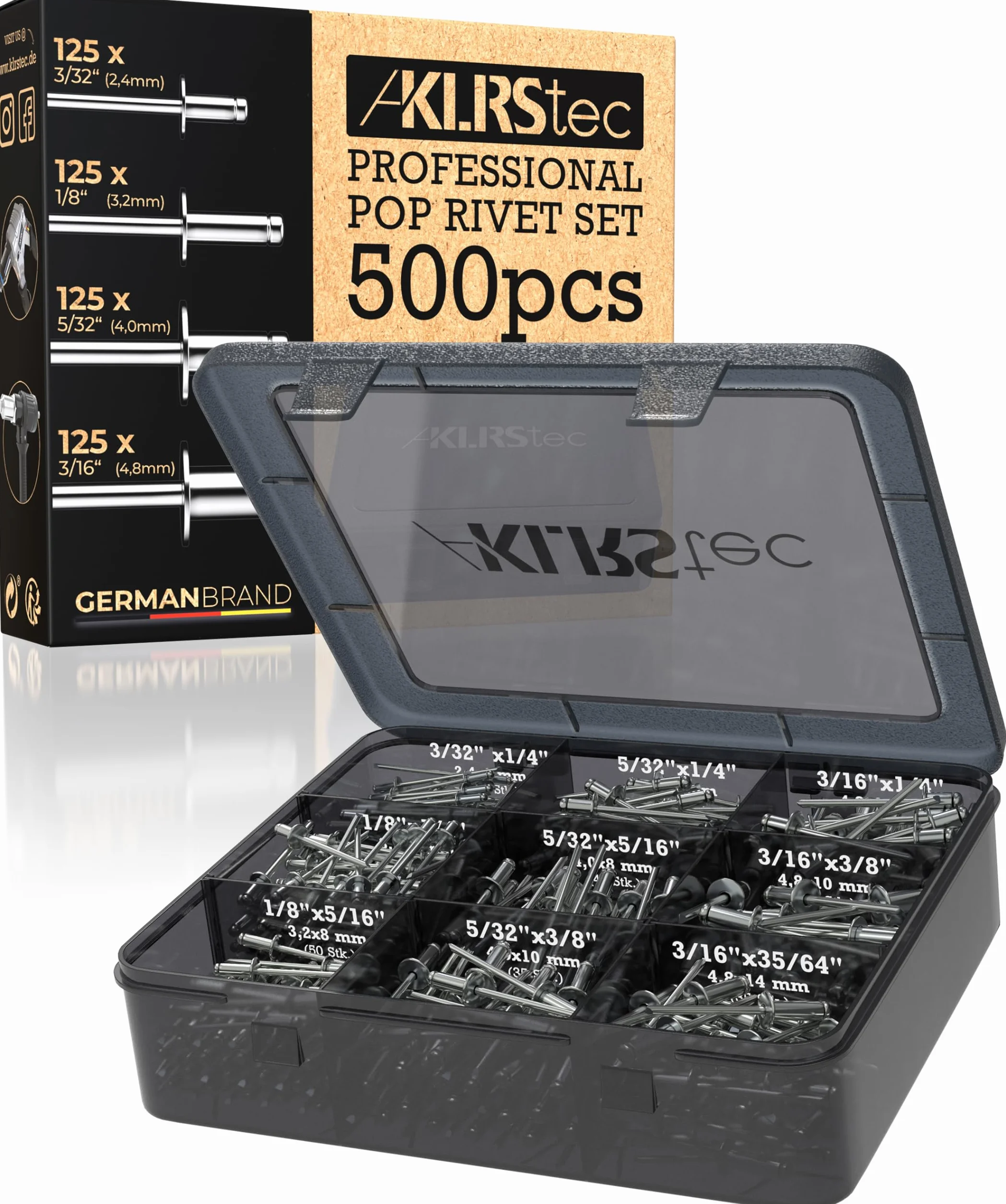 KLRStec Professional Zestaw śrub wkrętnych [500szt.] Aluminium/stalowe śruby wkręcane zestaw do nitownic 125szt. każdej wielkości (2,4mm, 3,2mm, 4,0mm i 4,8mm)