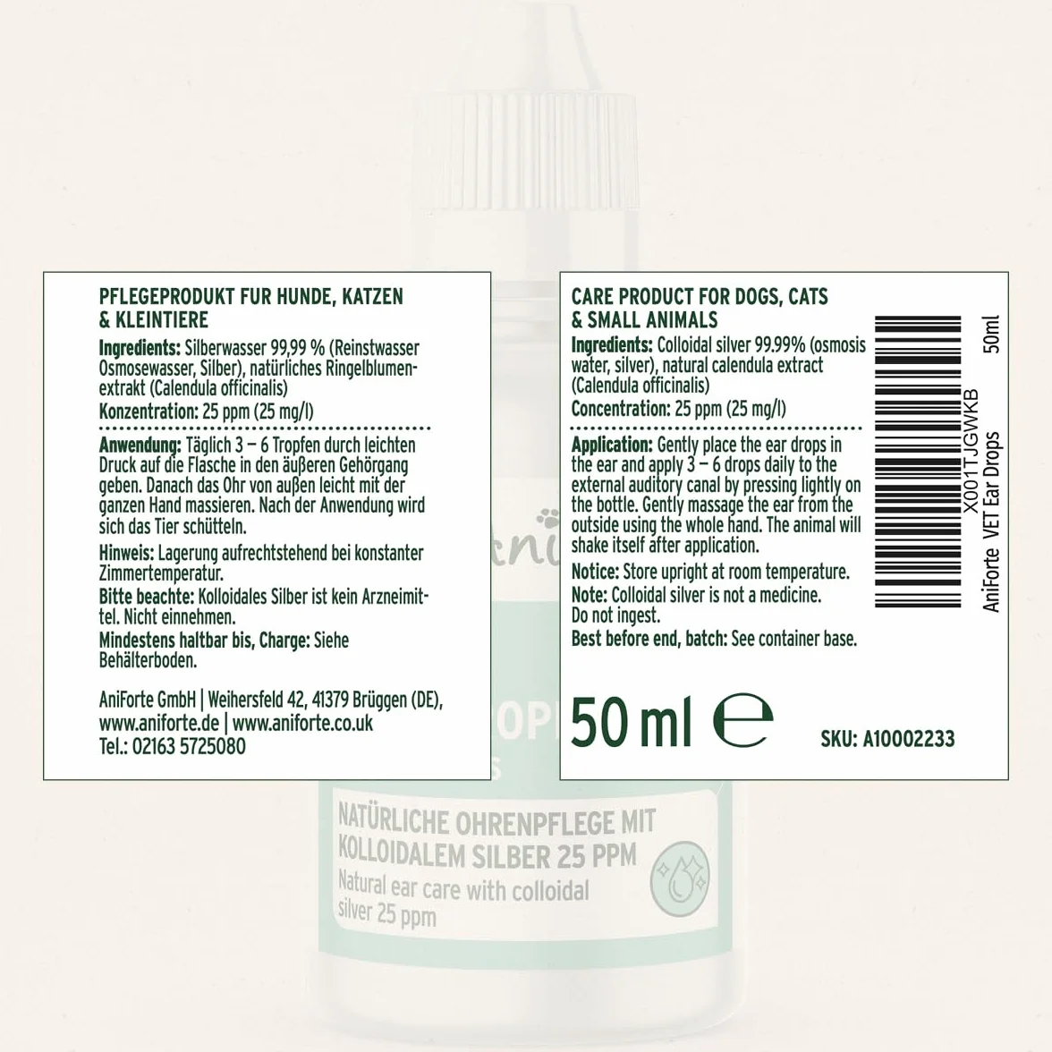 AniForte Krople do uszu z koloidalnym srebrem 25 ppm i nagietkiem 50 ml dla psów, kotów i małych zwierząt