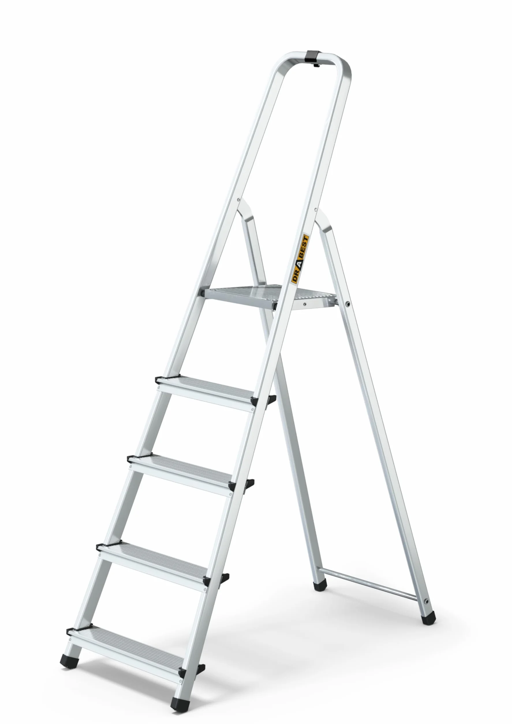 Drabest Aluminiowa 5-Stopniowa Drabina Domowa Udźwig 125 KG - Drabina Z Barierką Zabezpieczającą I Platformą Roboczą - Drabiny Wielofunkcyjne - Drabiny 5-Stopniowe - 45 X 168 X 12 Cm