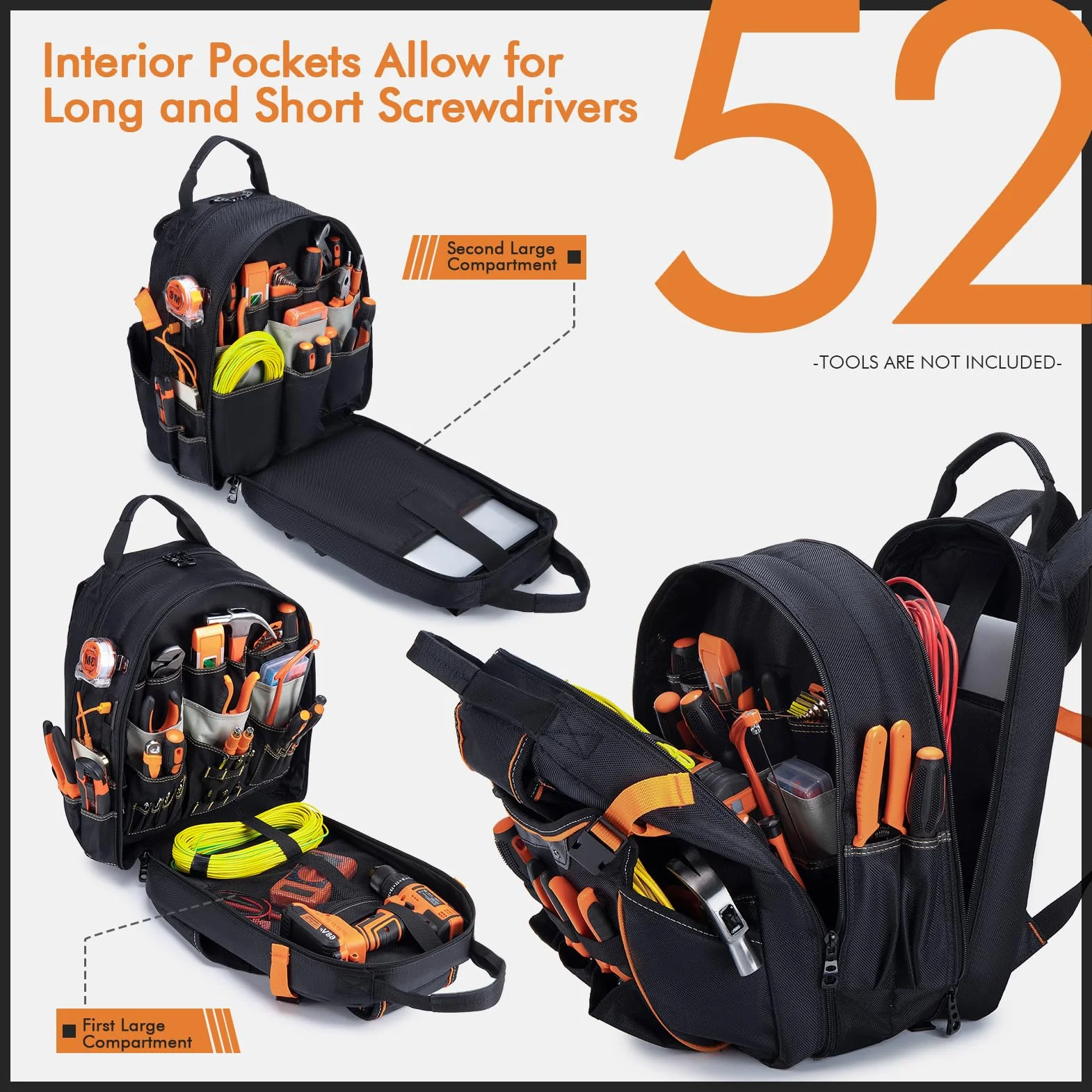 BAGZY 40x30x20cm Torba do Plecaka Narzędzia 1680D Torby Nośnik Narzędzi dla Mężczyzn 52 Kieszenie Elektryk Całkowicie Otwarty Plecak USB Podstawa Sztywna Torba Narzędzia Wycieczki Piesze Pomarańczowy