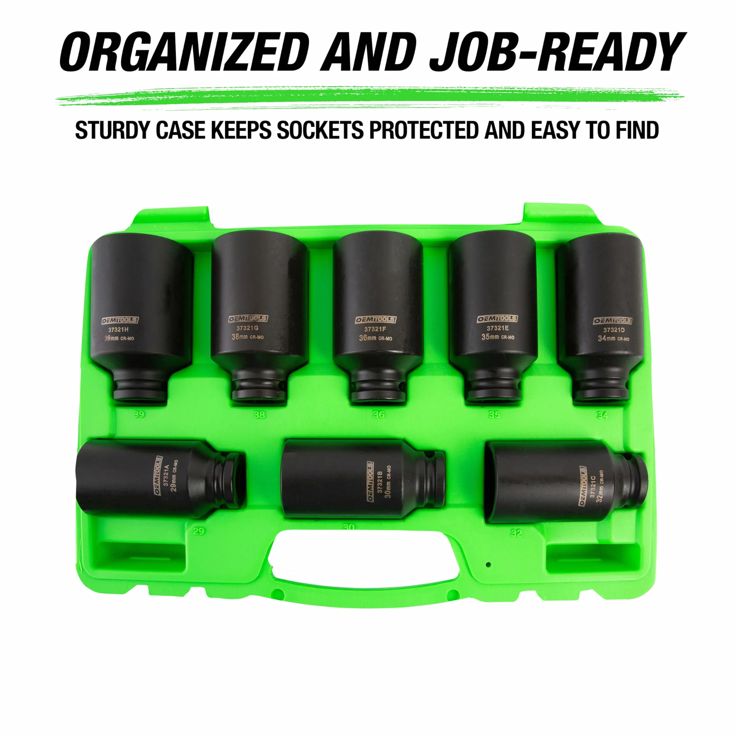 OEMTOOLS 8-częściowy zestaw nasadek do osi napędowej 1/2 cala, zestaw 12-punktowy, 29 mm, 30 mm, 32 mm, 34 mm, 35 mm, 36 mm, 38 mm i 39 mm, z etui