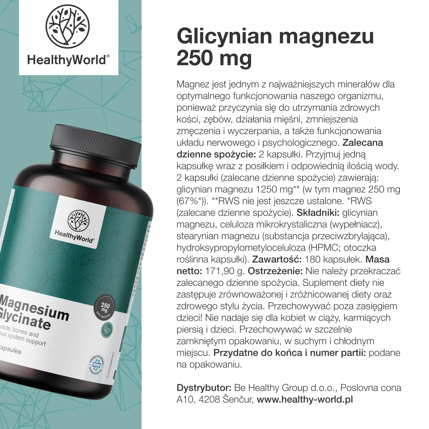 HealthyWorld Glicynian magnezu 250 mg - 180 kapsułek roślinnych - Na wzrost energii i wsparcie mięśni - Trening, kondycja i układ odpornościowy - 125 mg magnezu na kapsułkę - zapas na 3 miesiące