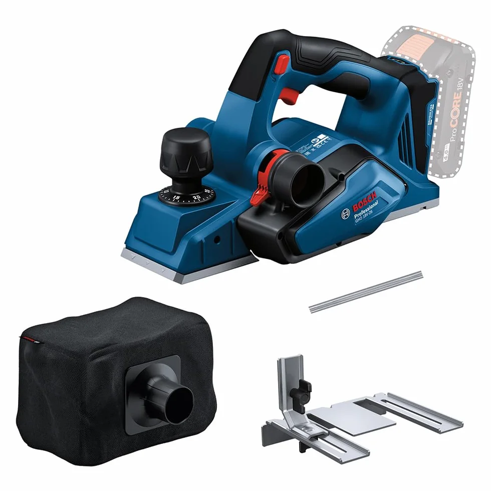 Bosch Professional 18V System Cordless Planer GHO 18V-26 (brushless Motor, incl. Dust Bag, Parallel Guide, 1x Wood Razor Blade)