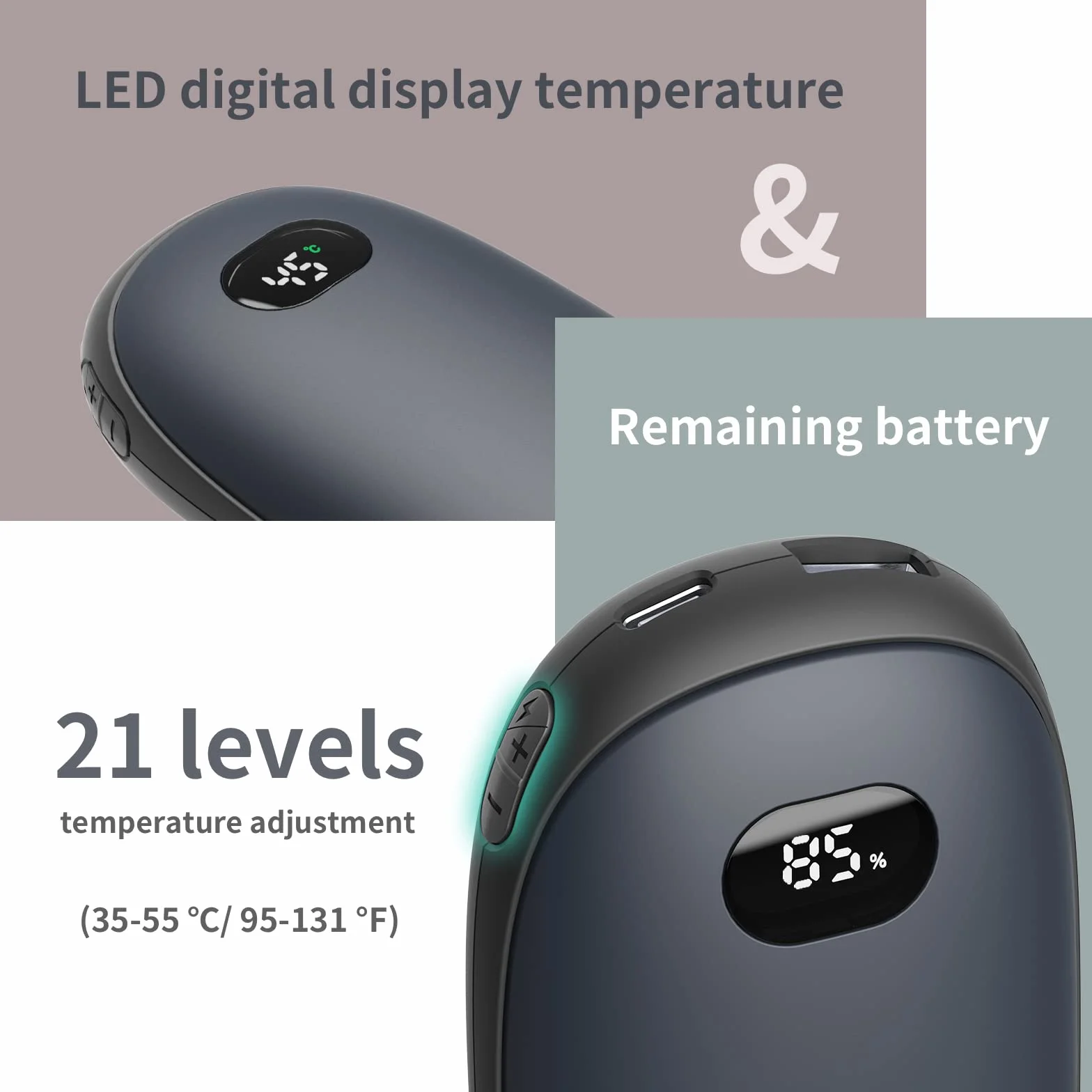 Unigear Ogrzewacz do Rąk 10000 mAh Akumulator, Szybkie Ladowanie USB Elektryczny Ogrzewacz do Rąk Kieszonkowy Ogrzewacz & Powerbank, 35-55°C i Cyfrowym Ekranem, Idealne na Raynauds, na Zewnątrz