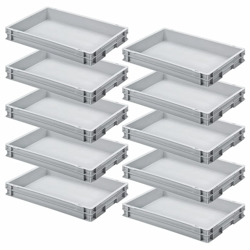 10x pojemnik euro z 2 listwami uchwytowymi, dł. x szer. x wys. 600x400x75 mm, szary