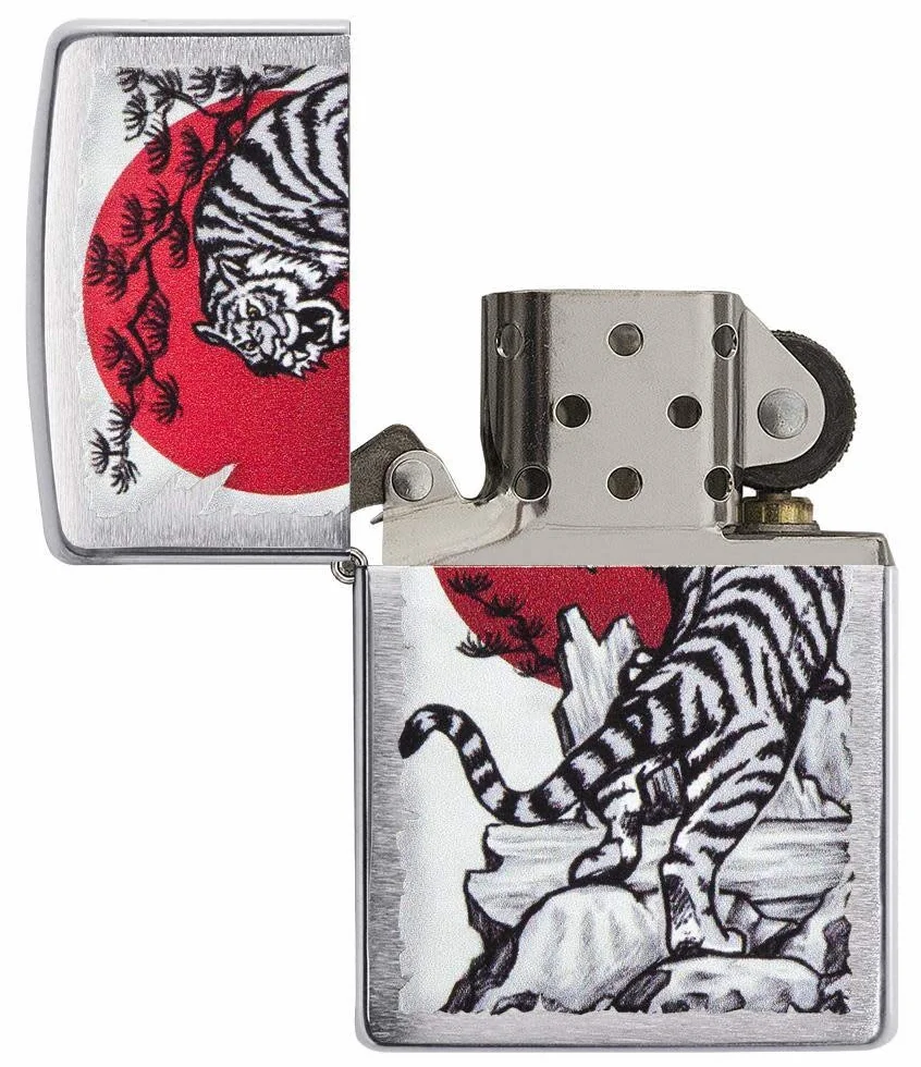 Zippo Zapalniczka Sztormowa, Azjatycki Tygrys, Szczotkowany Chrom, Kolorowy Motyw, z Możliwością Napełniania, Wielokrotnego Użytku, Płomień Odporny na Wiatr, w Pudełku Prezentowym, Made in USA