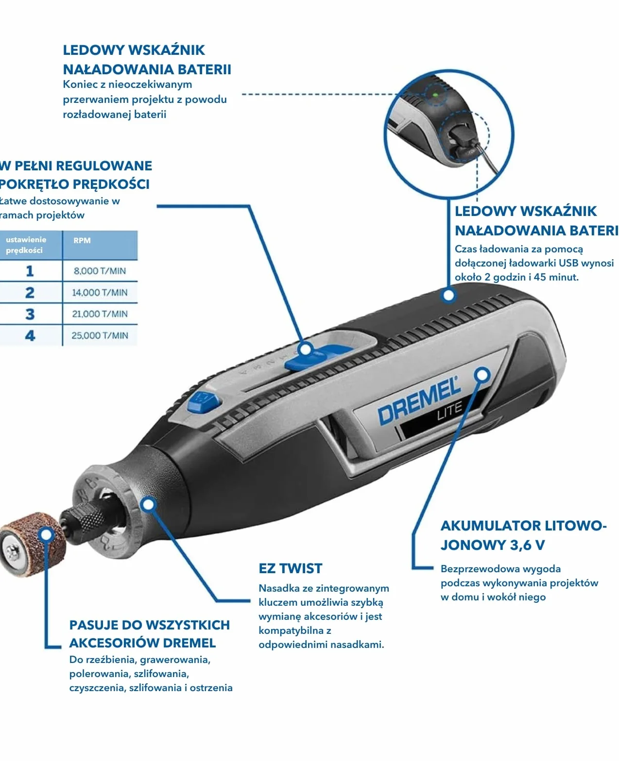 Dremel Lite 7760 akumulatorowe narzędzie obrotowe – litowo-jonowe 3,6 V, zestaw multinarzędzi z 15 akcesoriami, 8000-25 000 obr./min