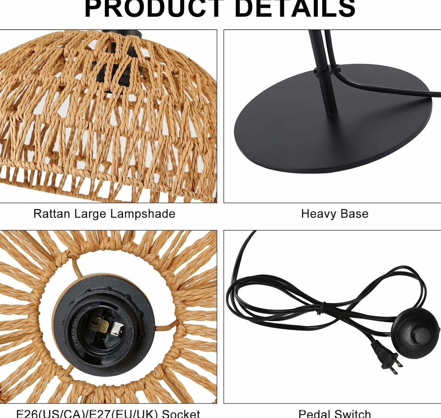 Alpinaluz Lampa Podłogowa E27 Pleciony Papier Kolor Juty Czarna Podstawa | Ręcznie wykonany klosz Ø32 cm, drewniany wspornik i przełącznik nożny do salonu, sypialni, czytania i boho