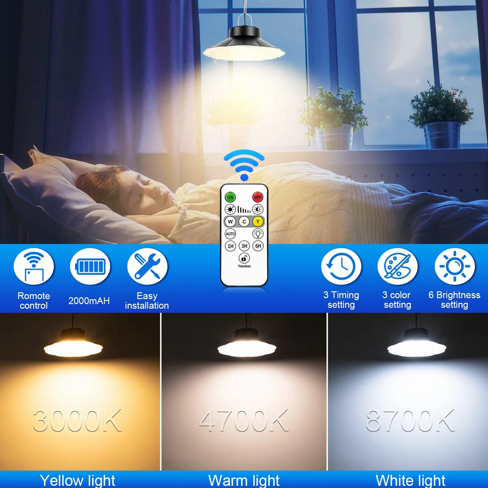 AGOTD Zewnętrzna lampa słoneczna, lampa wisząca solarna z pilotem zdalnego sterowania, 3 kolory, kabel 5 m, 6 jasność, IP65 wodoodporny, oświetlenie ogrodowe balkon podjazd