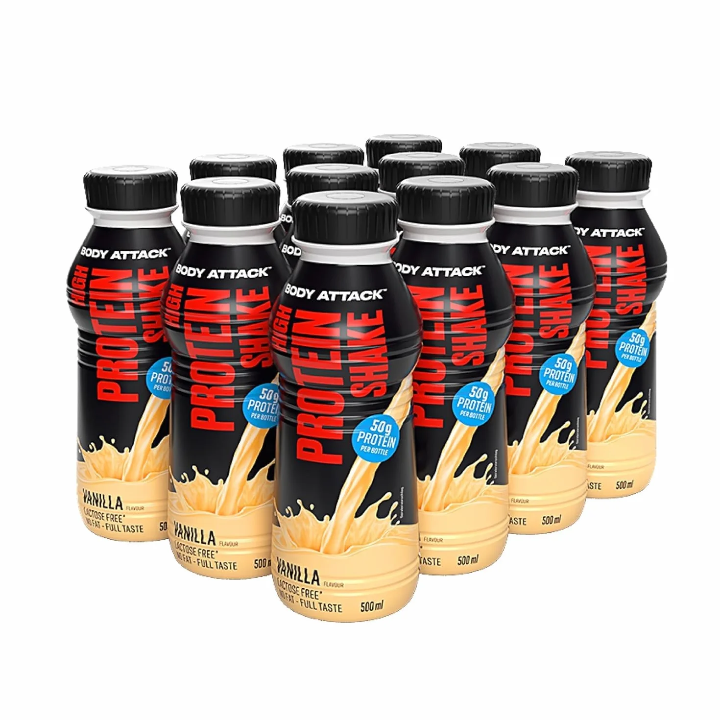Body Attack High Protein Shake, 50 g, niskokaloryczny shake fitness z białkiem mleka dla rozwoju mięśni, gotowy do picia w podróży, wanilia (12 x 500 ml)