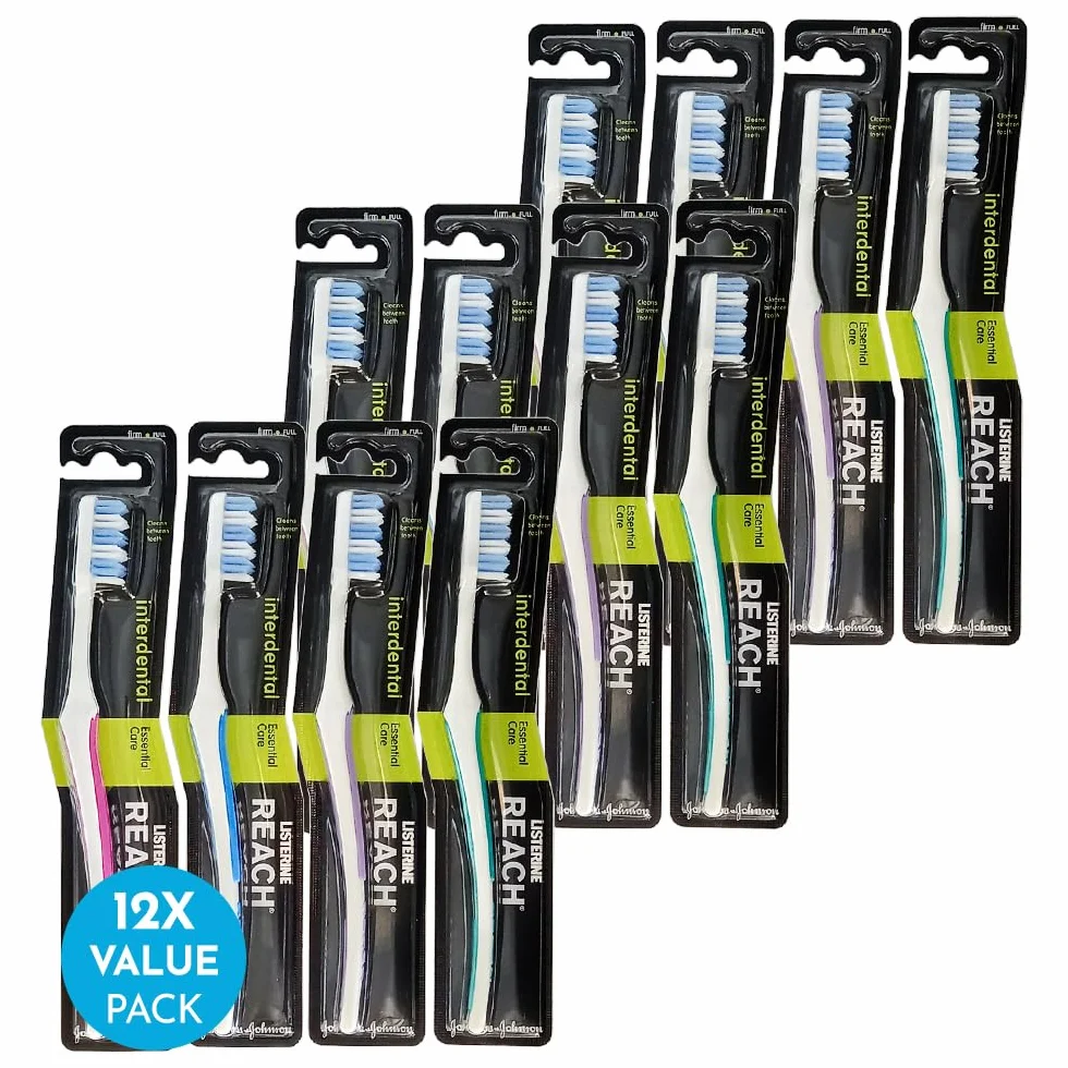 REACH Essential Care Interdental Firm szczoteczka do zębów, pojedyncze opakowanie x 12, ręczne szczoteczki do zębów z twardym włosiem na całą głowę, różne kolory, wielopak, codzienna pielęgnacja jamy