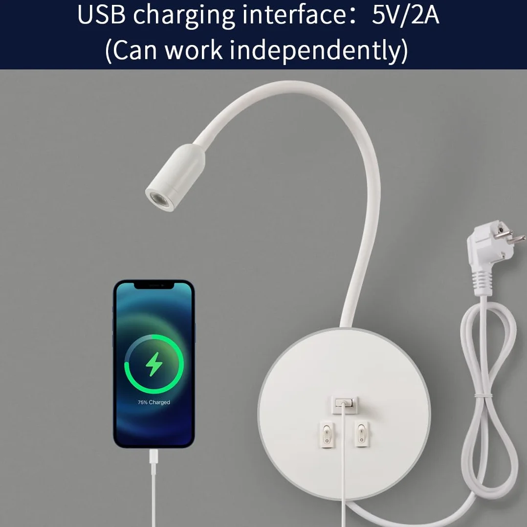LED Kinkiet, gęsia szyja z Przełącznikiem, z portem ładowania USB, Obrotowa Lampka Nocna Nowoczesna Lampa do Czytania lampki Ścienna, 3W 3000K+8W 6000K do sypialni, Z kablem i wtyczką (Biały)