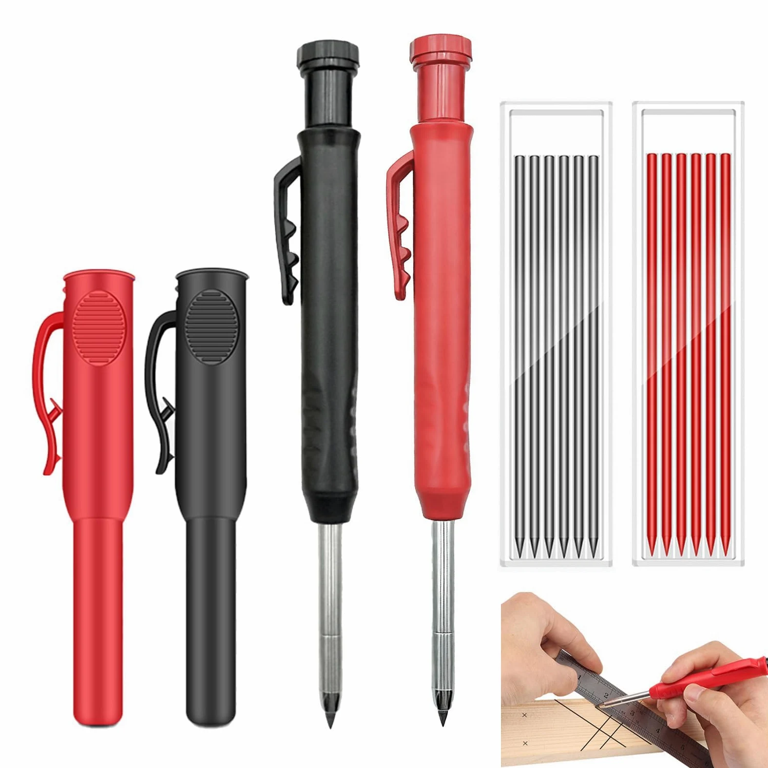Ołówek ciesielski profesjonalny, 2 sztuki ołówka ciesielskiego z 12 wkładami 2,8 mm, mechaniczne narzędzie ciesielskie z wbudowanym temperówką do majsterkowania i budowy