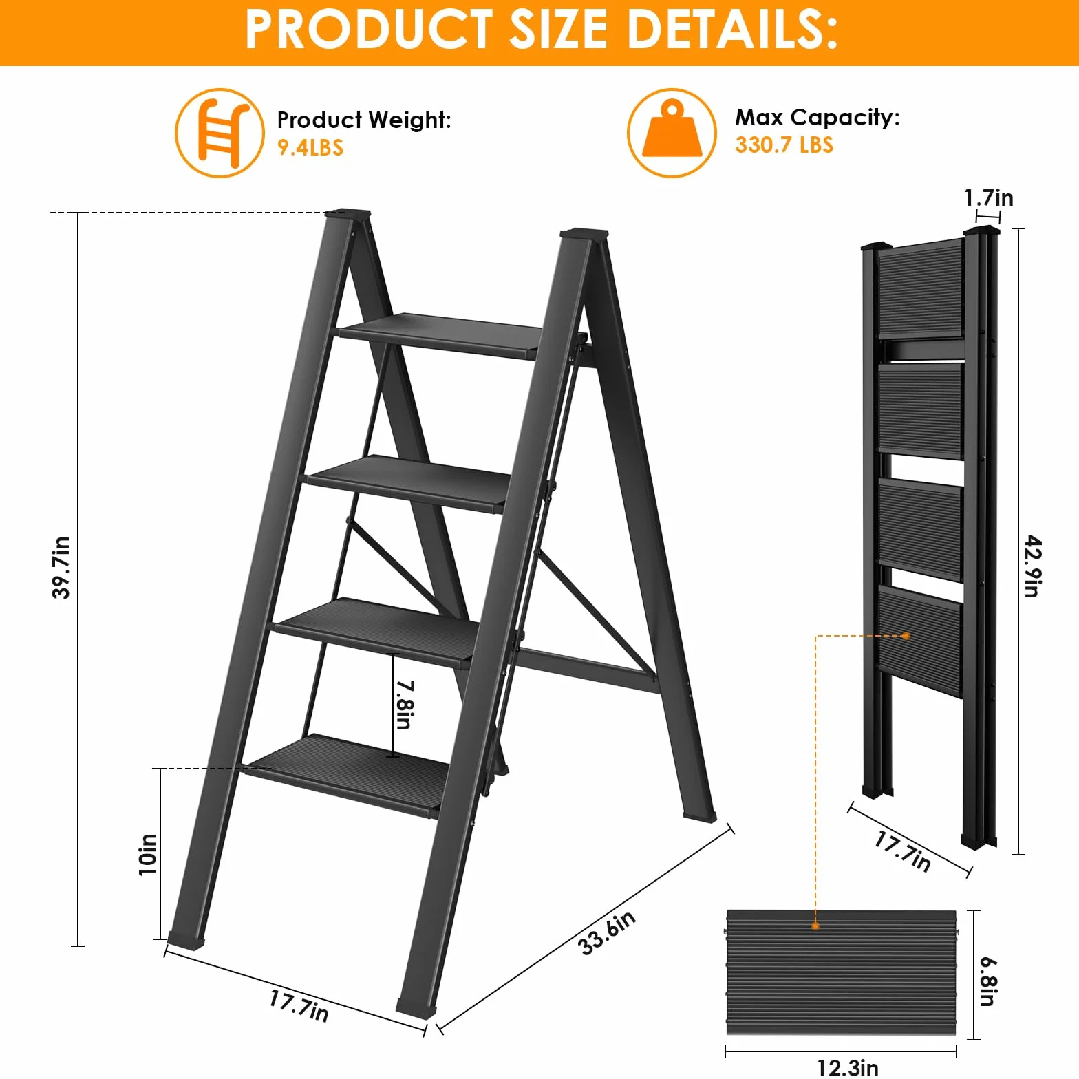 LIFERUN Aluminiowa drabina z 4 stopniami, składana, antypoślizgowa, drabina stojąca, wielofunkcyjna, łatwa do przechowywania, obciążenie do 150 kg, do kuchni, domu, na zewnątrz, do biura, czarna
