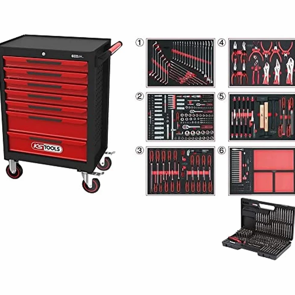 KS Tools 897.7598 ECOline CZARNY/CZERWONY wózek warsztatowy z 7 szufladami i zestawem narzędzi Premium, 598 części