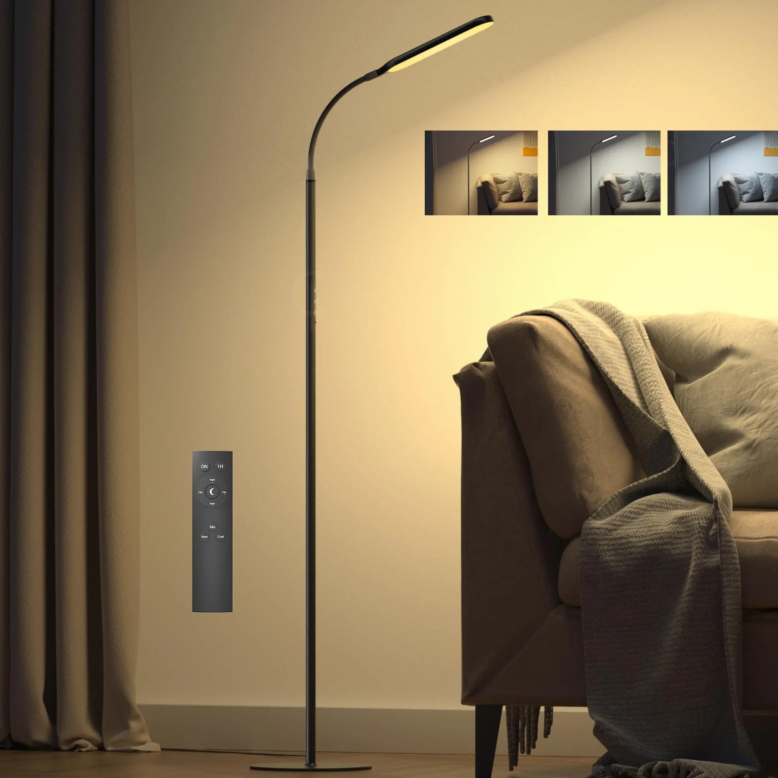 OUSFOT Ściemnialna Lampa Podłogowa LED 170 cm Sterowanie Dotykowe i Zdalne Regulowana Lampa Podłogowa 3000-4000-6000 K LED na Gęsiej Szyi do Sypialni Salon Biuro