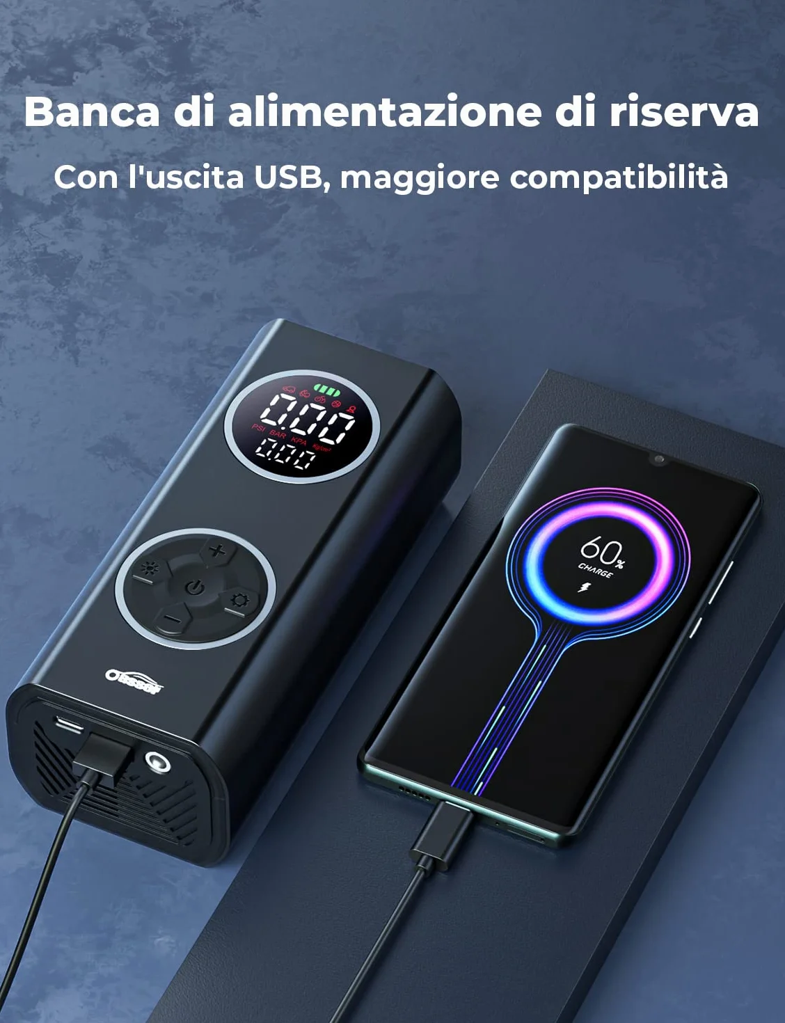 Oasser Przenośny Kompresor Powietrza 6000mAh 150PSI - Elektryczna Pompa do Opon z Dwukolorowym Wyświetlaczem LCD, Automatycznym Wyłączaniem i 4 Końcówkami - Do Samochodów, Motocykli, Rowerów i Piłek