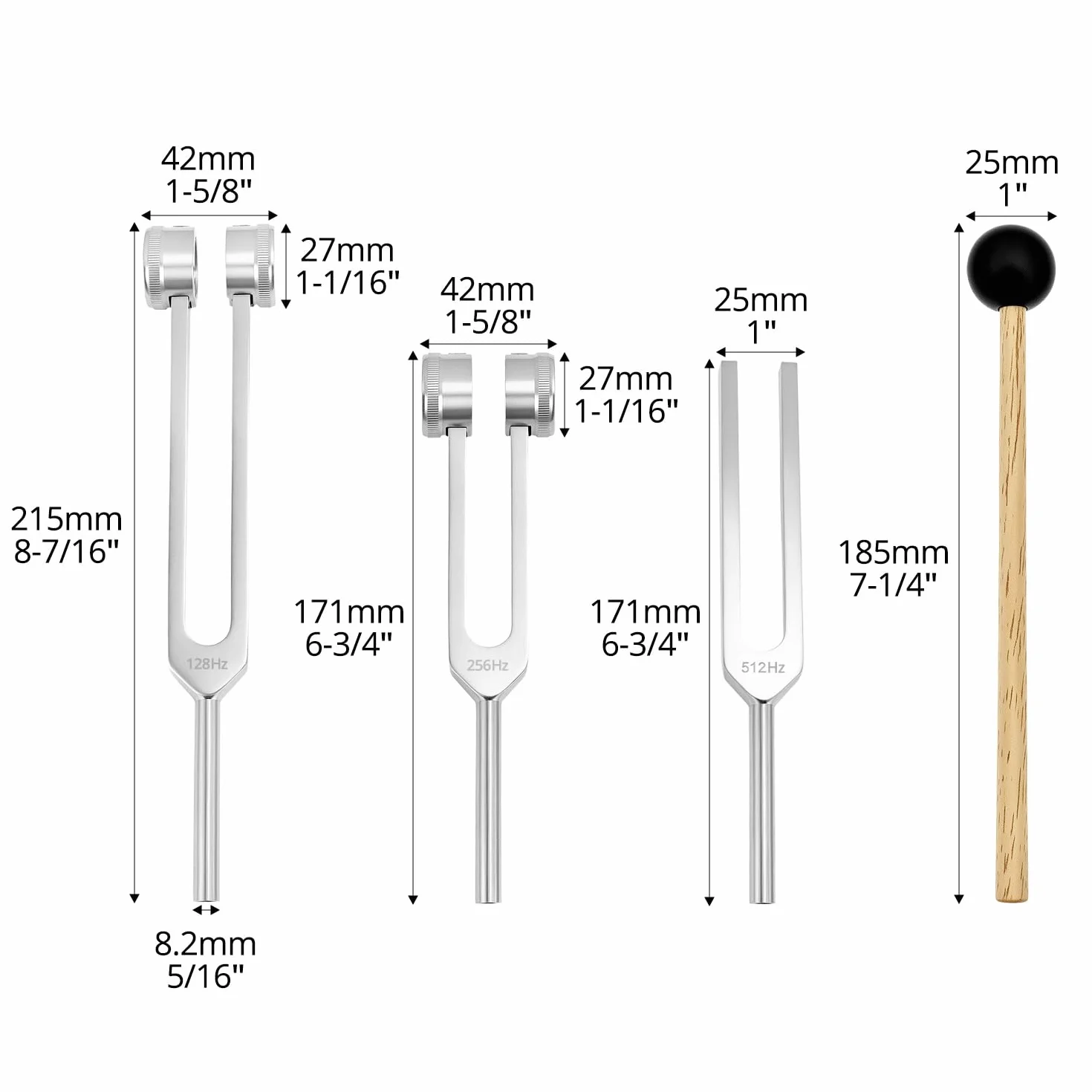 QWORK® Zestaw widelców tuningowych, 128 Hz, 256 Hz, 512 Hz, wysoka precyzja do uzdrawiania, medytacji, terapii dźwiękiem – w zestawie młotek silikonowy